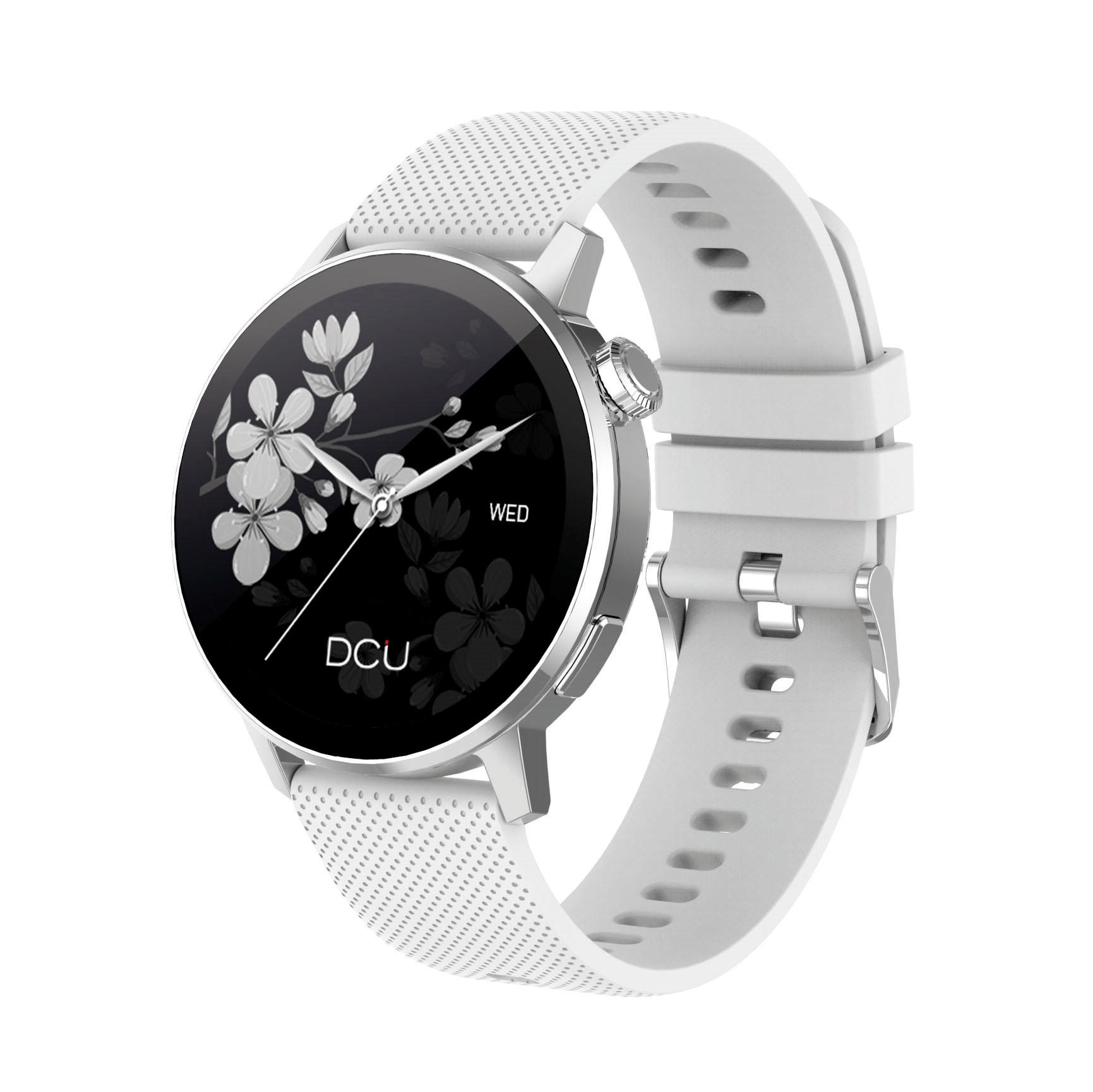 Smartwatch blanca con pantalla floral y correa blanca, sobre fondo blanco.
