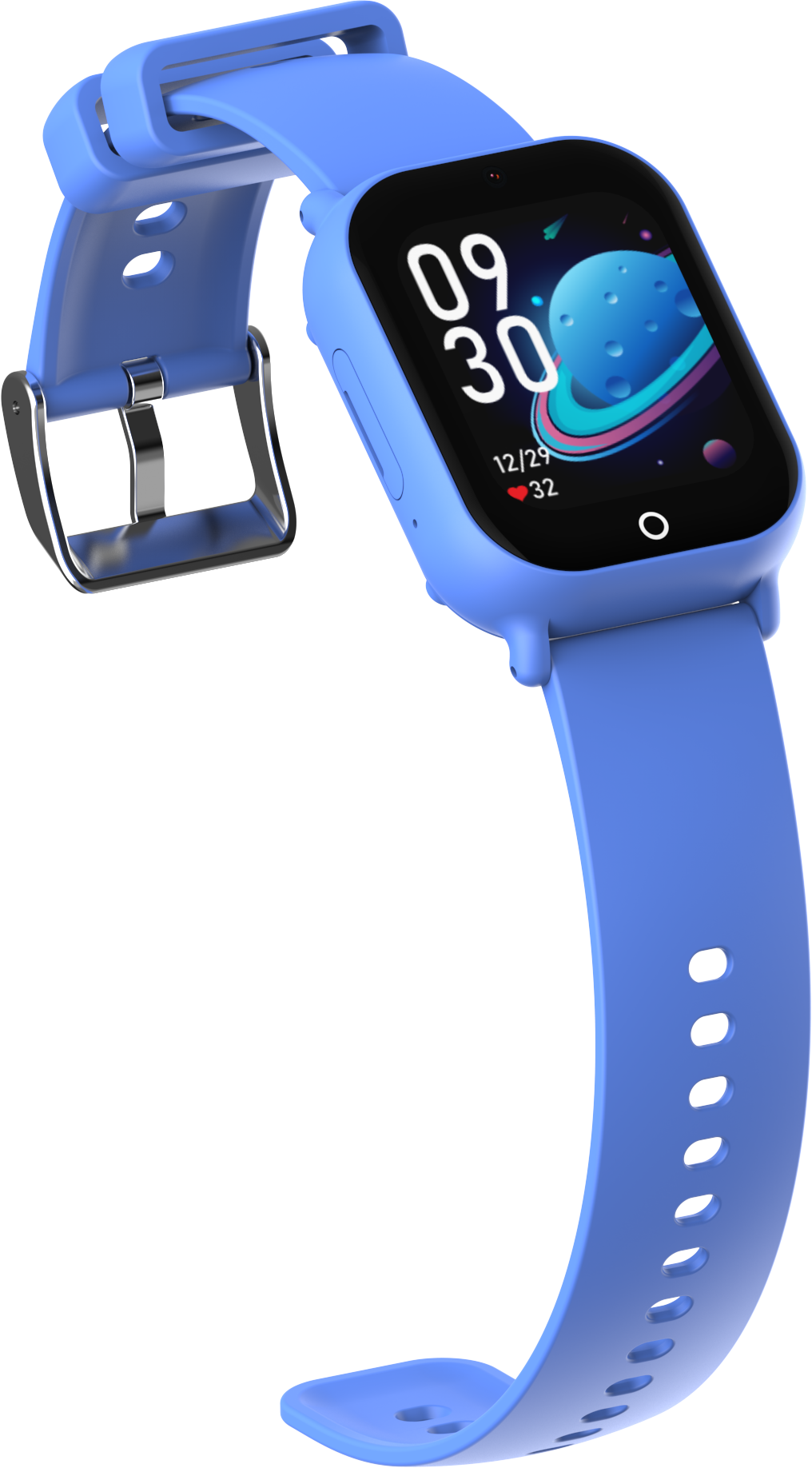 Niebieski smartwatch pokazujący godzinę: 09:30, 12/29, z grafiką planety.