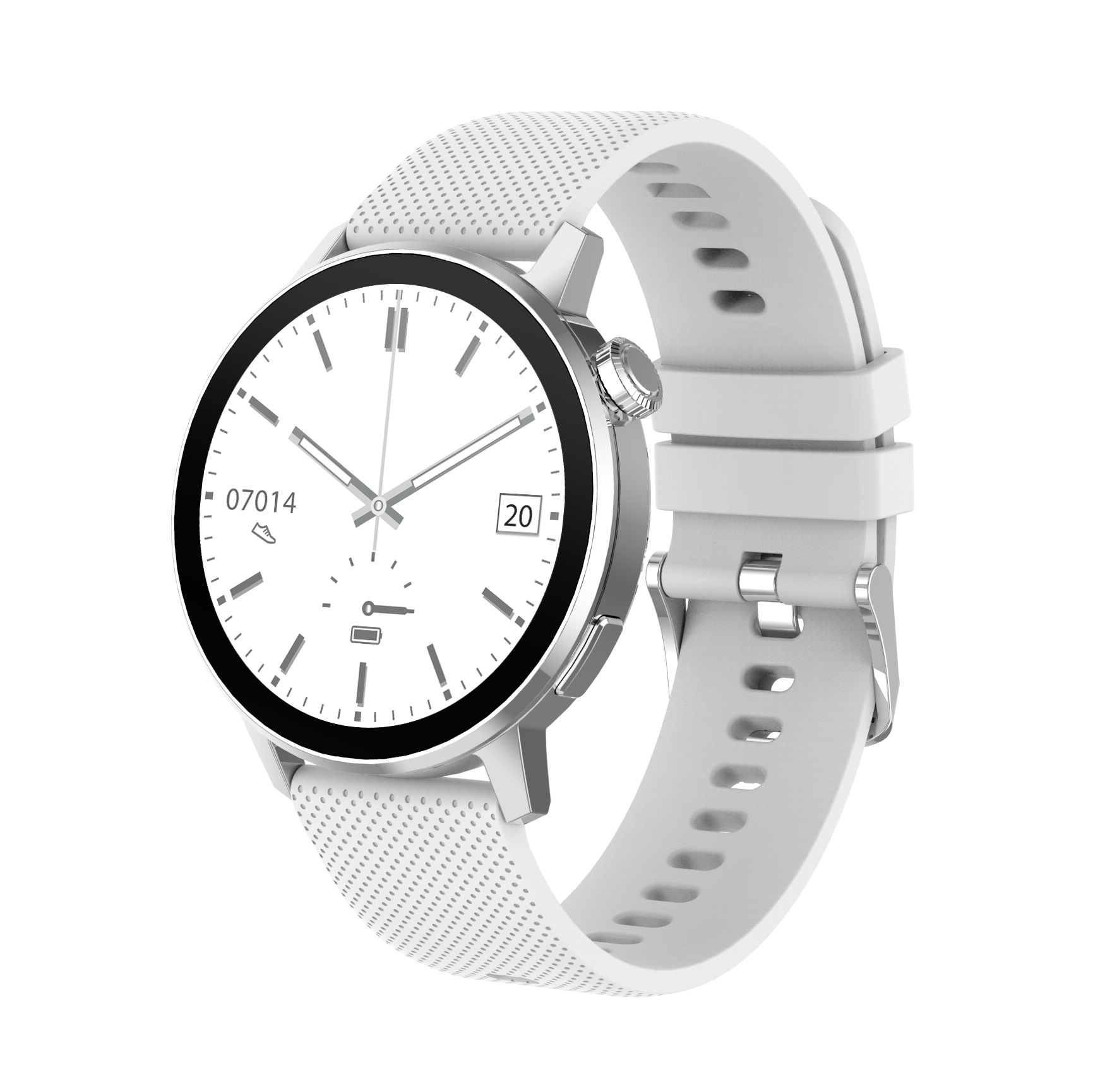 Smartwatch blanca con correa blanca, bisel negro y esfera blanca con la fecha.