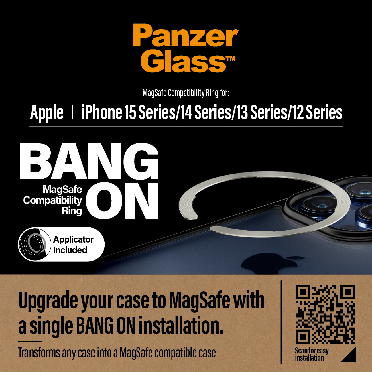 Annuncio in bianco e nero. Mostra un telefono, un anello e testo sulla compatibilità MagSafe.