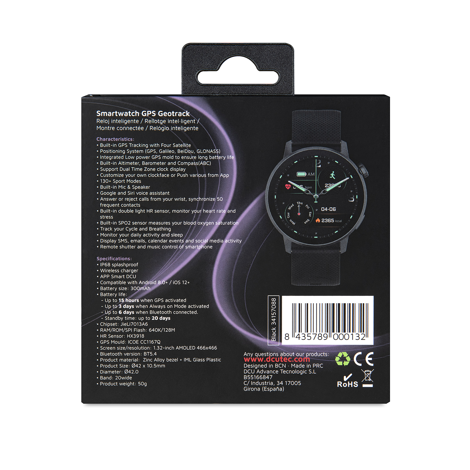 Opakowanie smartwatcha, ze szczegółową specyfikacją. Czarny zegarek na wyświetlaczu. Zawiera GPS, monitor tętna.
