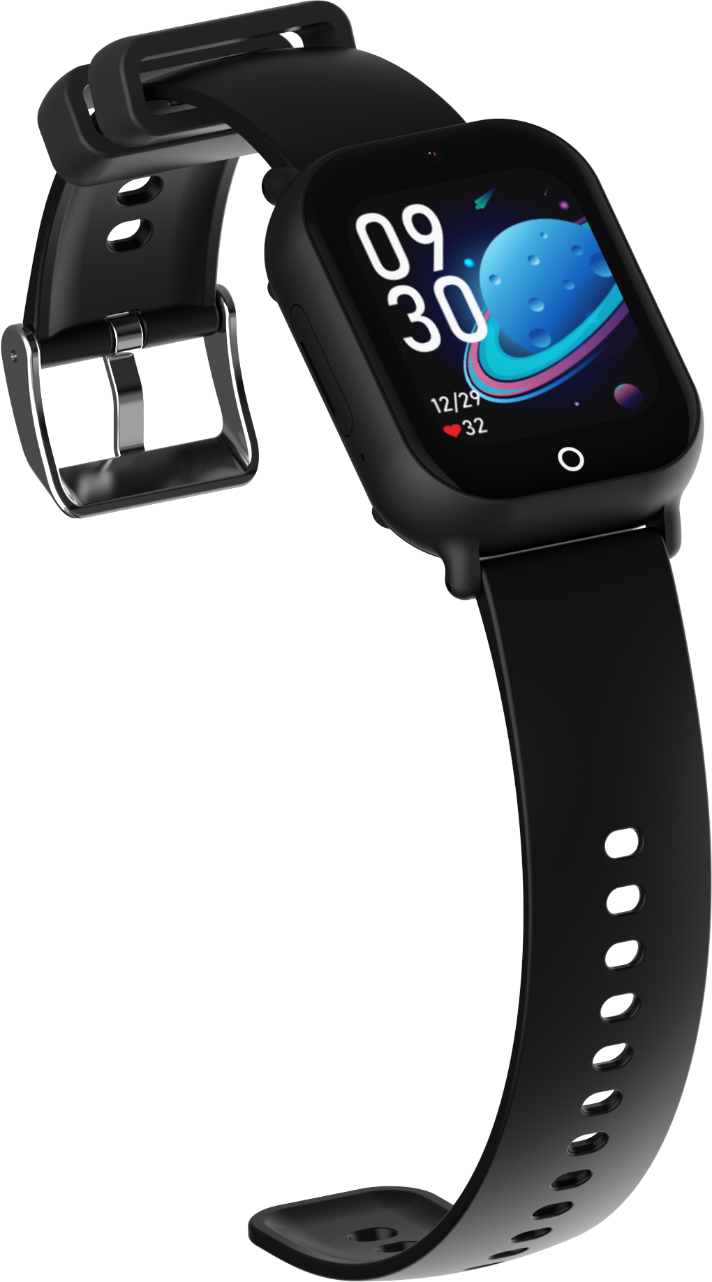 Czarny smartwatch z czarnym paskiem, wyświetla godzinę i obraz planety.
