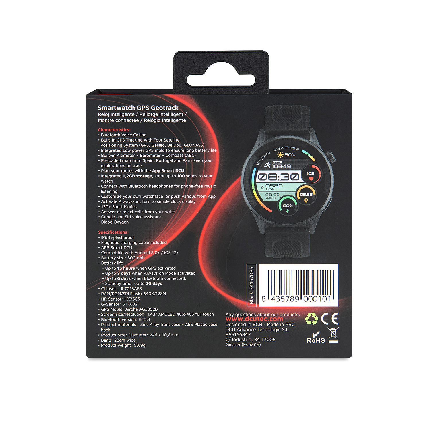 Pudełko smartwatcha, czarny design, pokazujący smartwatch ze statystykami. Tekst i ikony opisujące funkcje.