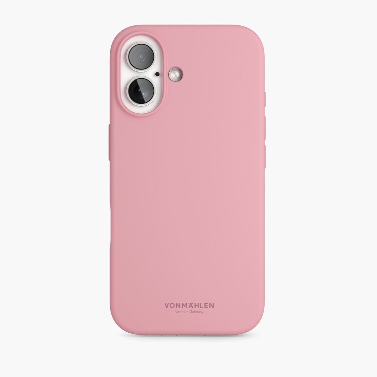Custodia rosa per telefono con intaglio fotocamera, sfondo bianco.
