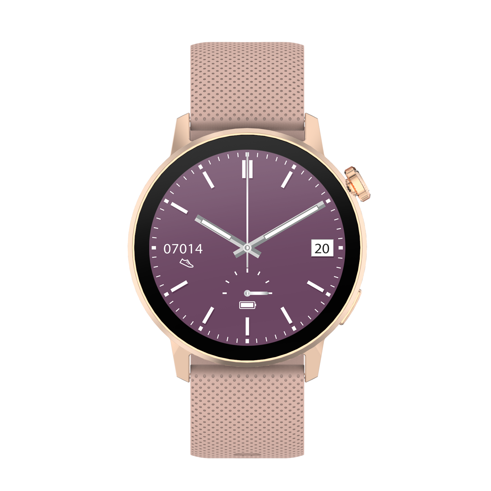 Okrągły smartwatch z różowym paskiem i fioletowym wyświetlaczem pokazującym datę.