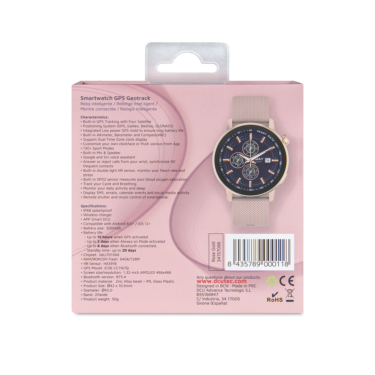 Pudełko smartwatcha z tekstem i zdjęciem zegarka.