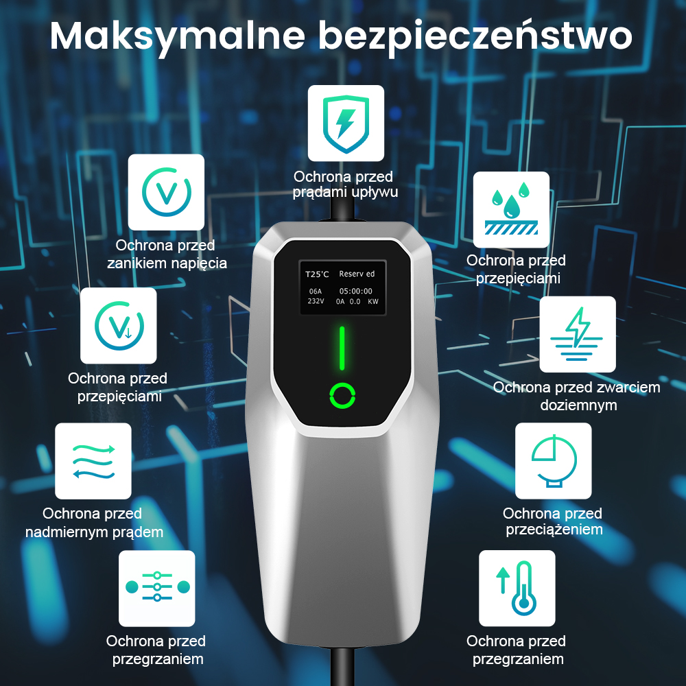 Ładowarka EV z ikonami bezpieczeństwa. Ładowarka znajduje się na niebieskim tle. Ikony odnoszą się do bezpieczeństwa.
