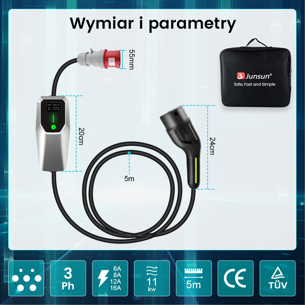 Ładowarka EV z wymiarami, kablem i akcesoriami. Zawiera czarną torbę, złącze i szczegóły zasilania.