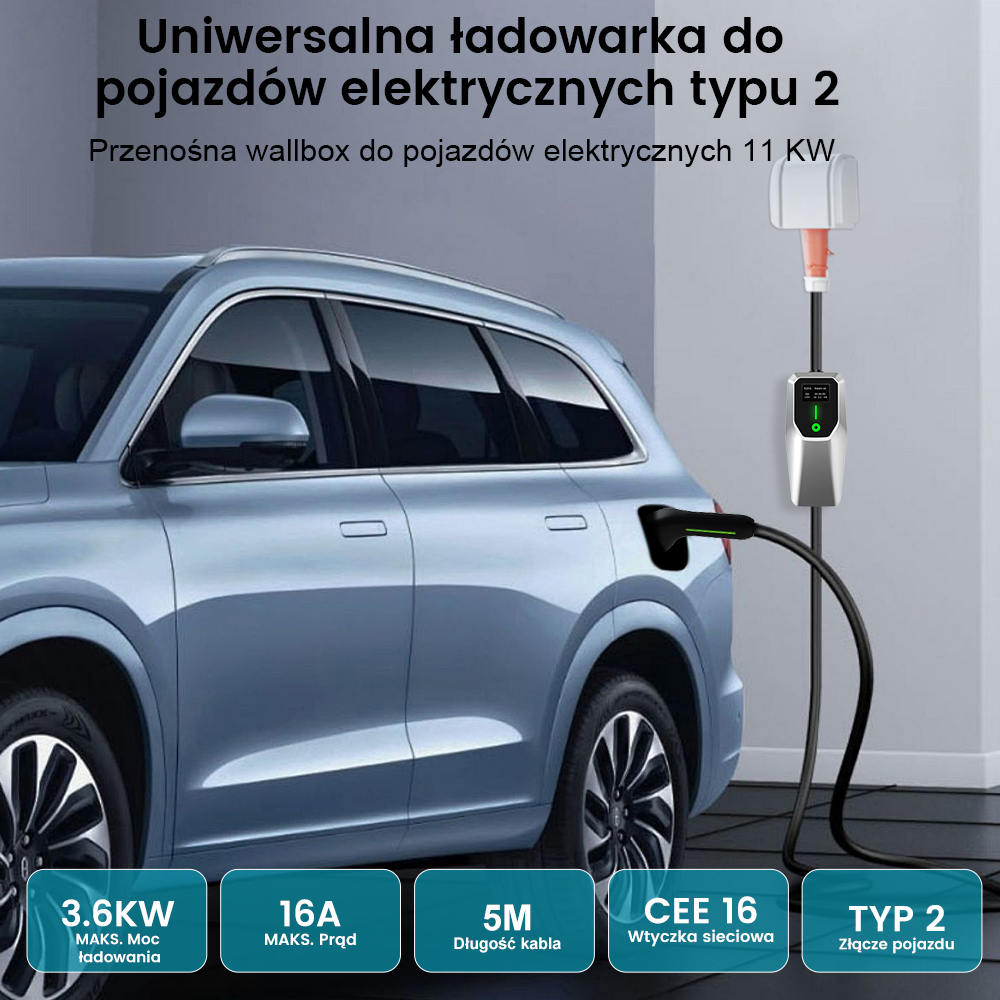 Samochód elektryczny ładujący się przenośną ładowarką. Na tle niebieski samochód.