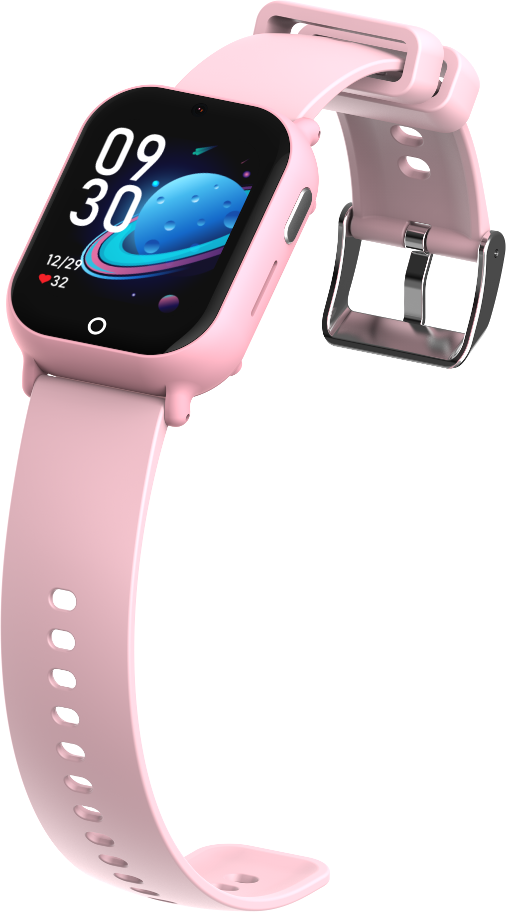 Różowy smartwatch z różowym paskiem, wyświetlający ekran planety.