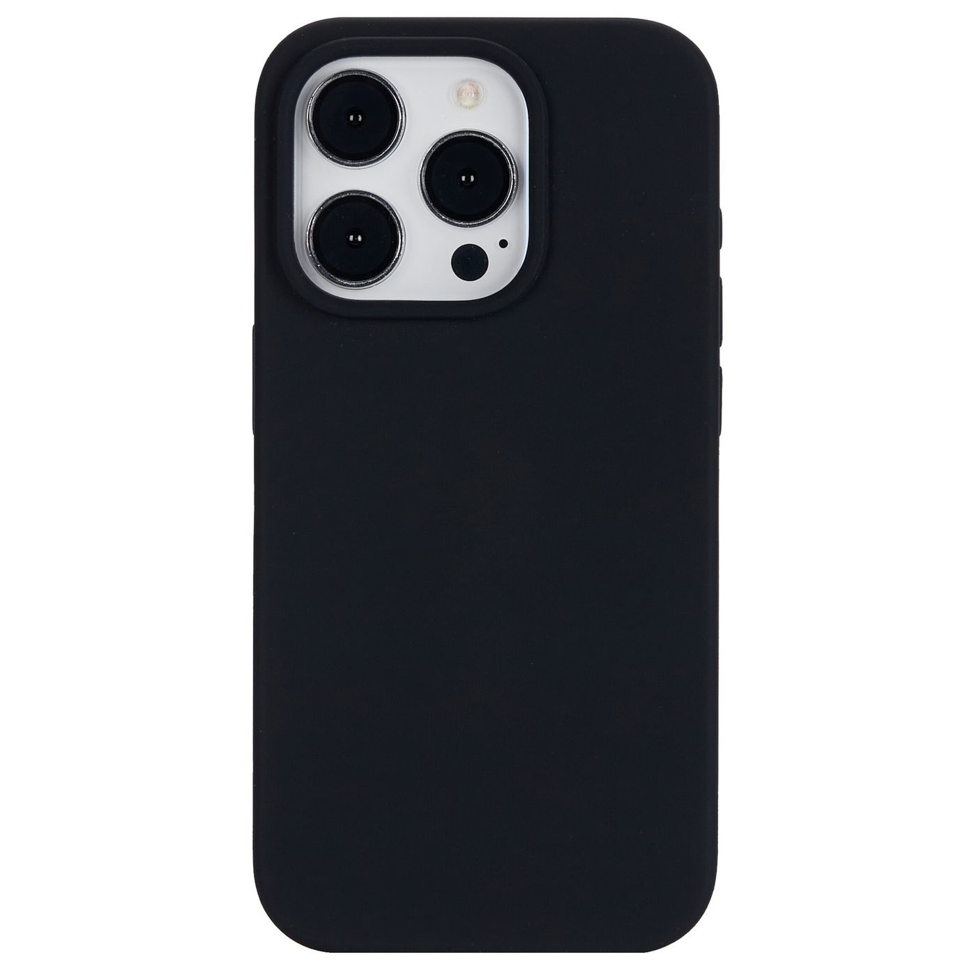 Custodia nera per telefono con ritagli per fotocamera. Ha una superficie liscia.