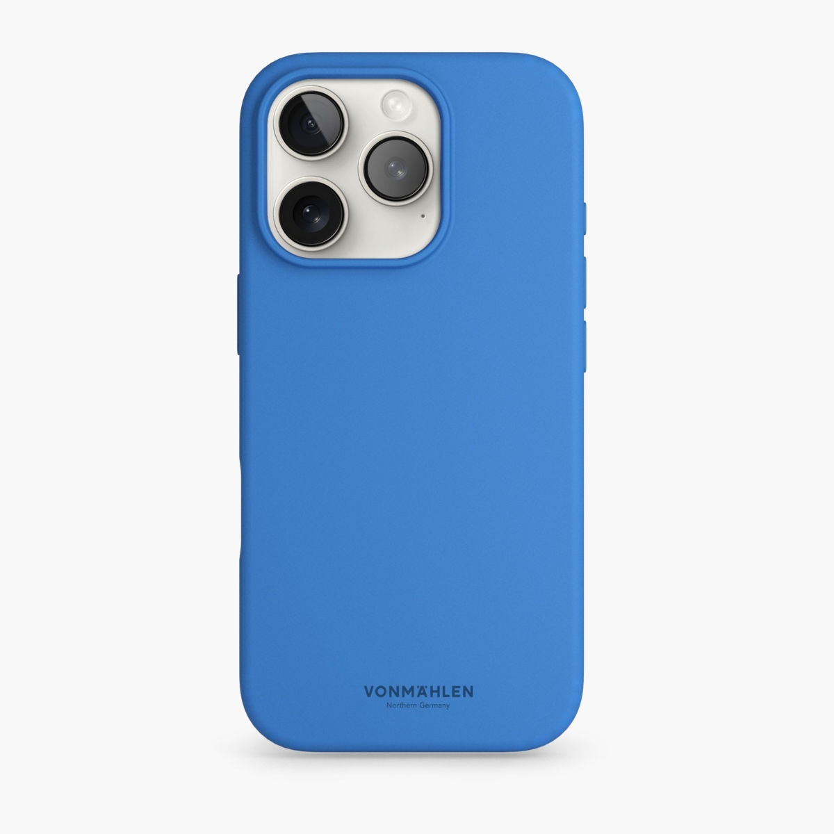 Custodia blu per telefono con fotocamera. Testo: 'VONMÄHLEN'. Sfondo bianco.
