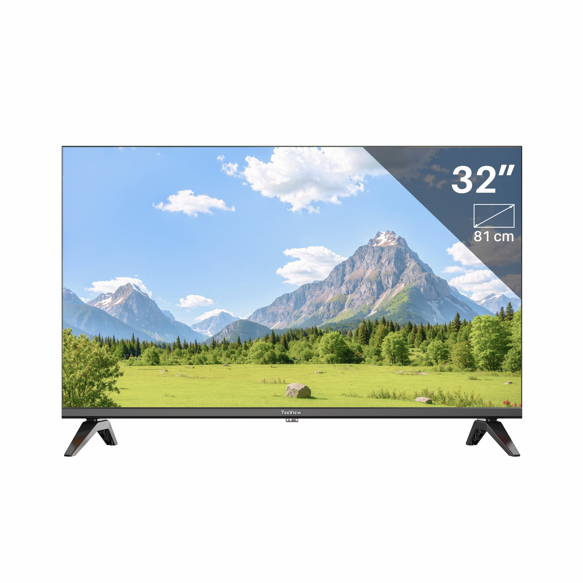 32-inch flatscreen-tv met een landschapsscène op het scherm, op zwarte poten.