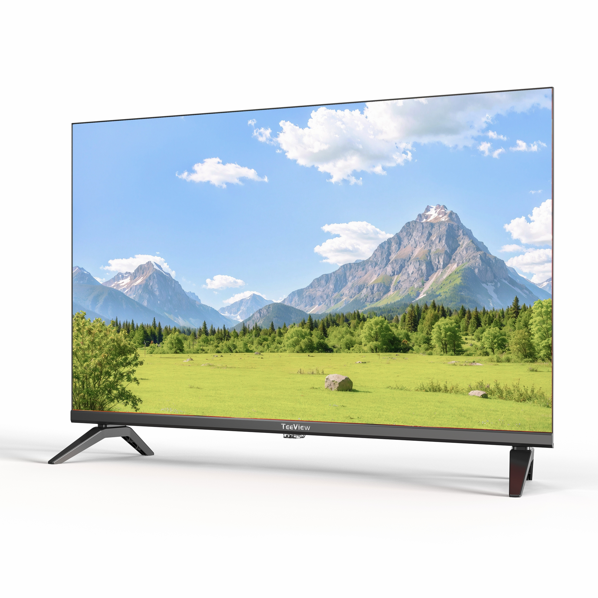 Een grote flatscreen-tv met een groen veld en bergen op de achtergrond.
