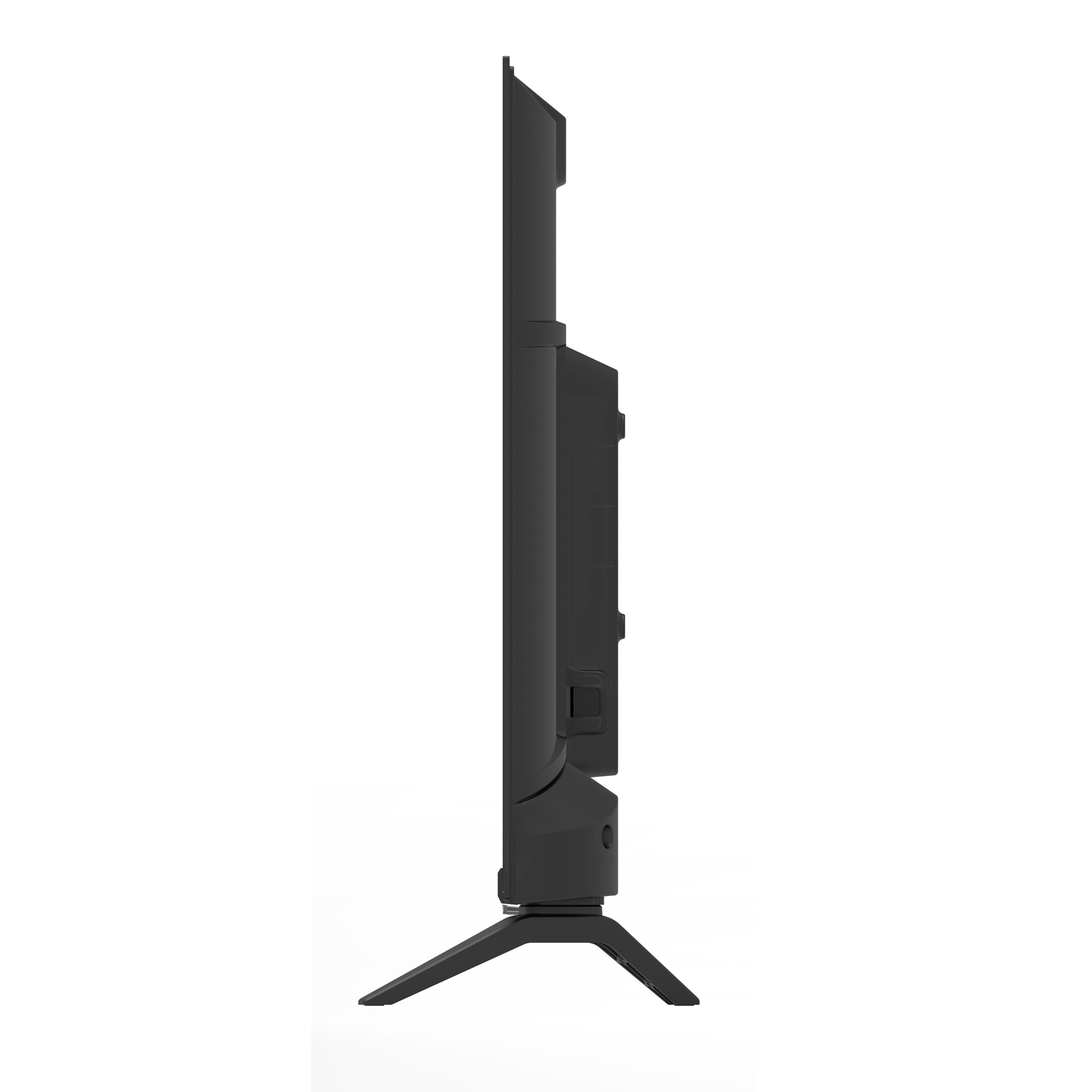 Een zwarte tv. Zijaanzicht, rechtop, met een standaard. Strak, modern design.