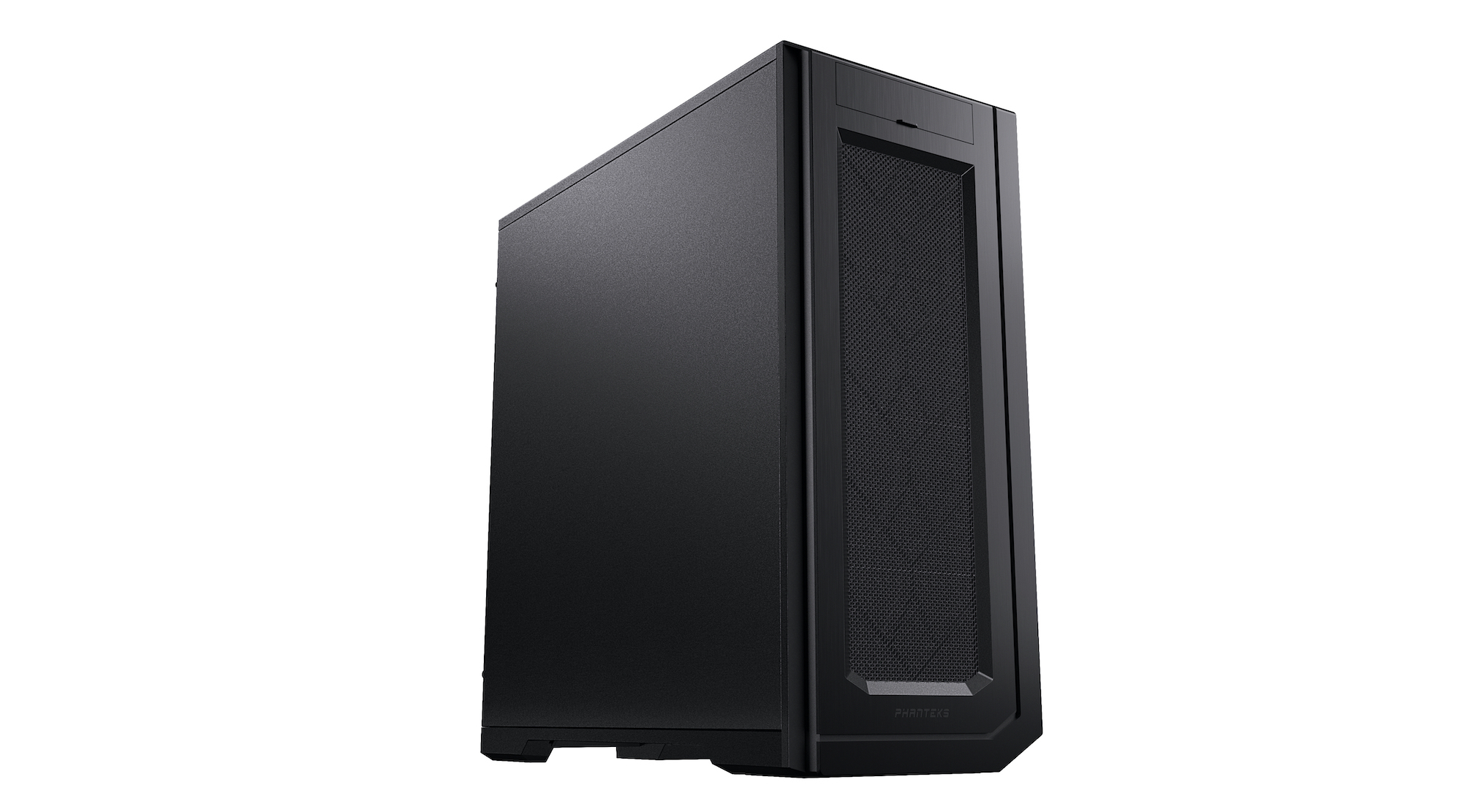 Case nero per computer con pannello frontale a rete e logo Phanteks su sfondo bianco.