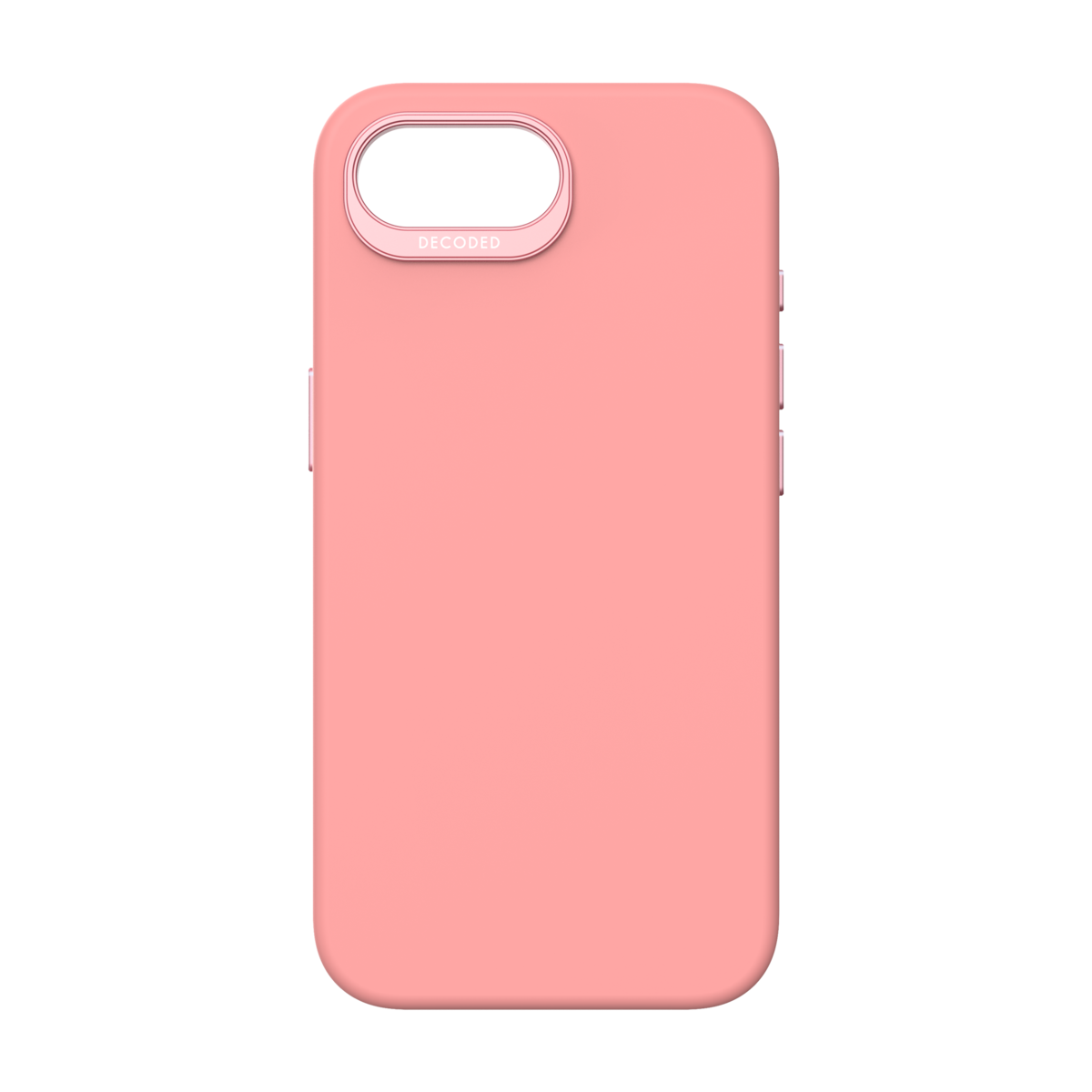 Roze telefoonhoes, effen ontwerp, met een cameragat. Zwarte achtergrond.