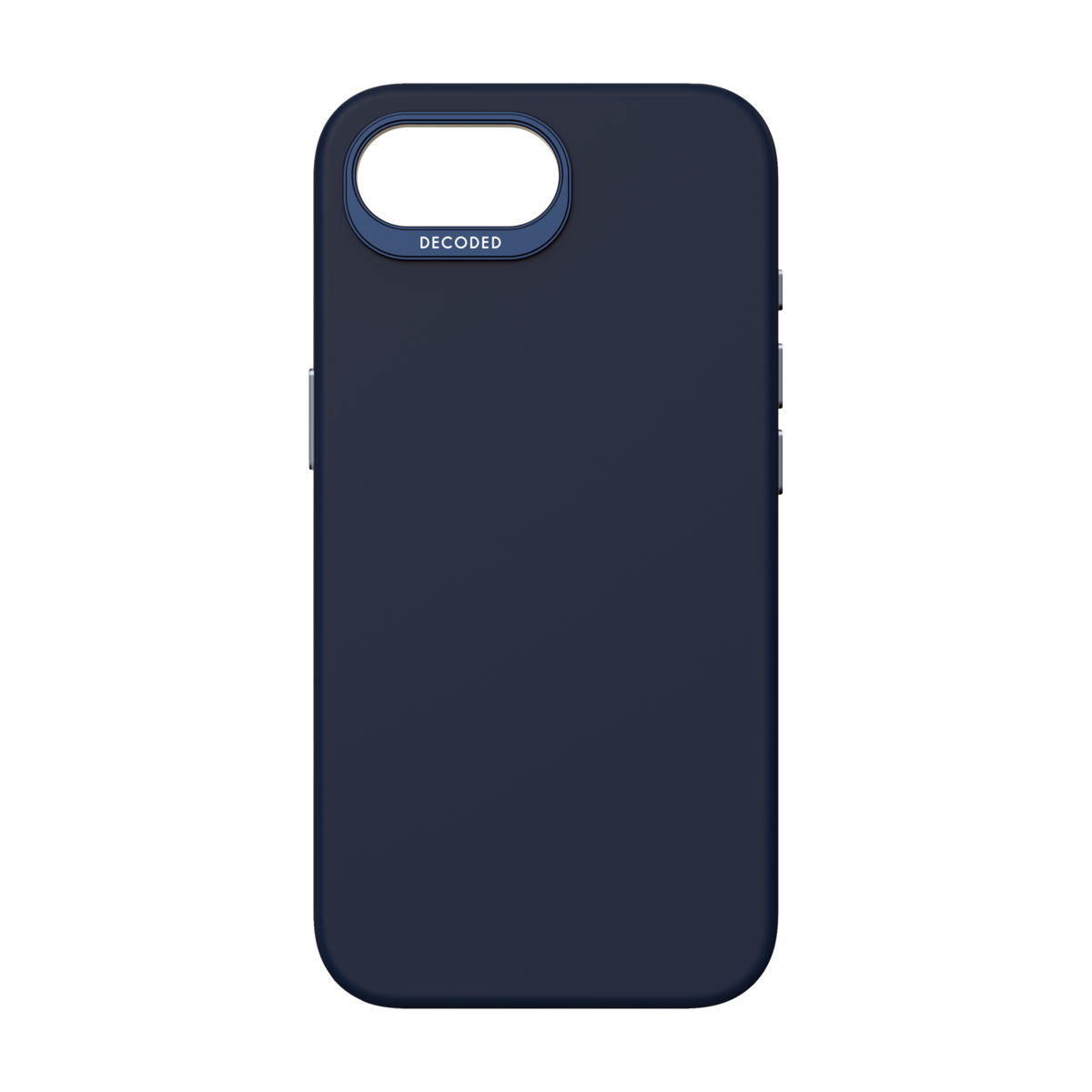 Marineblauwe telefoonhoes, met een cameragat. Zwarte achtergrond.