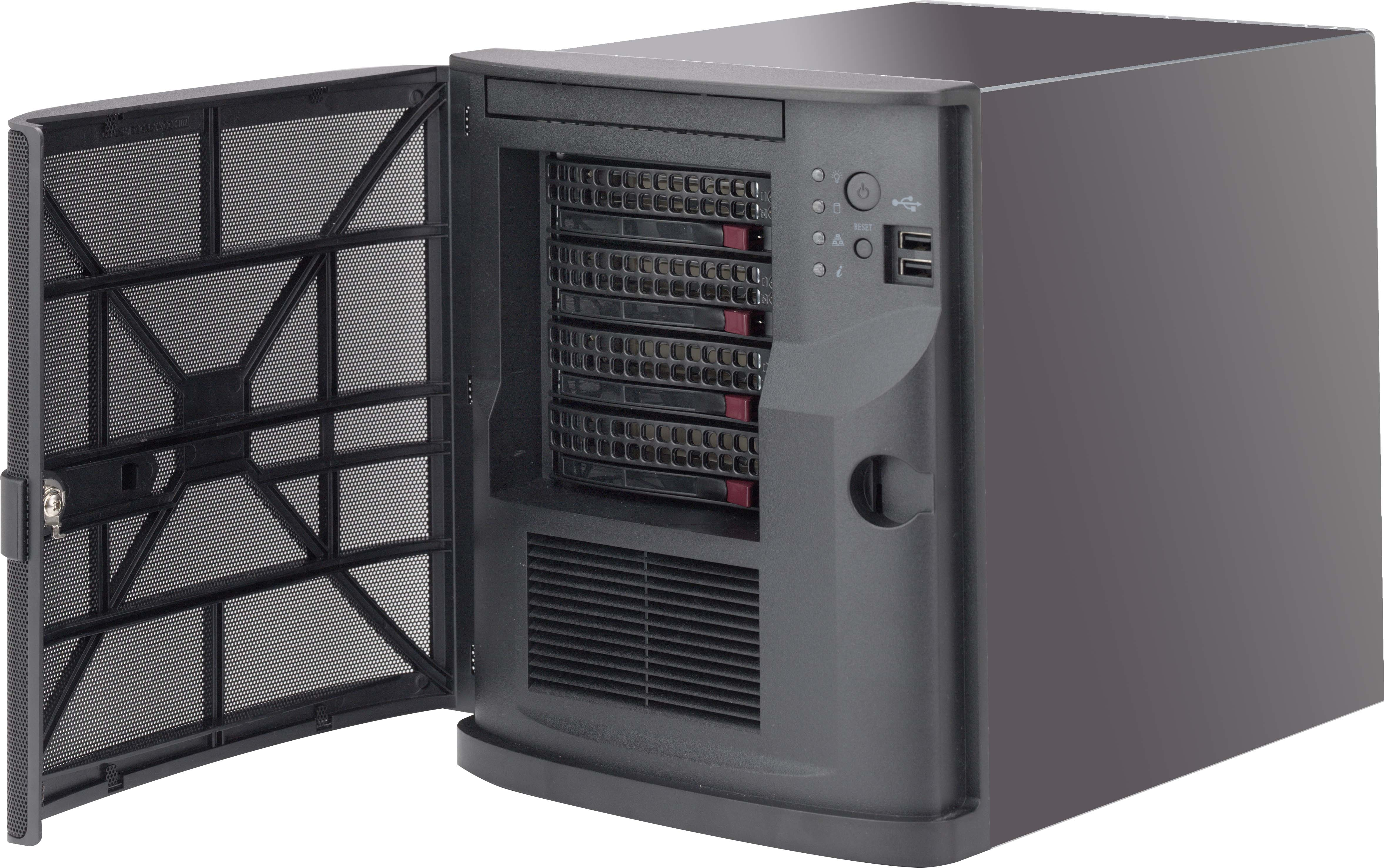 Un server nero con porta aperta, che mostra i componenti interni, su sfondo bianco.