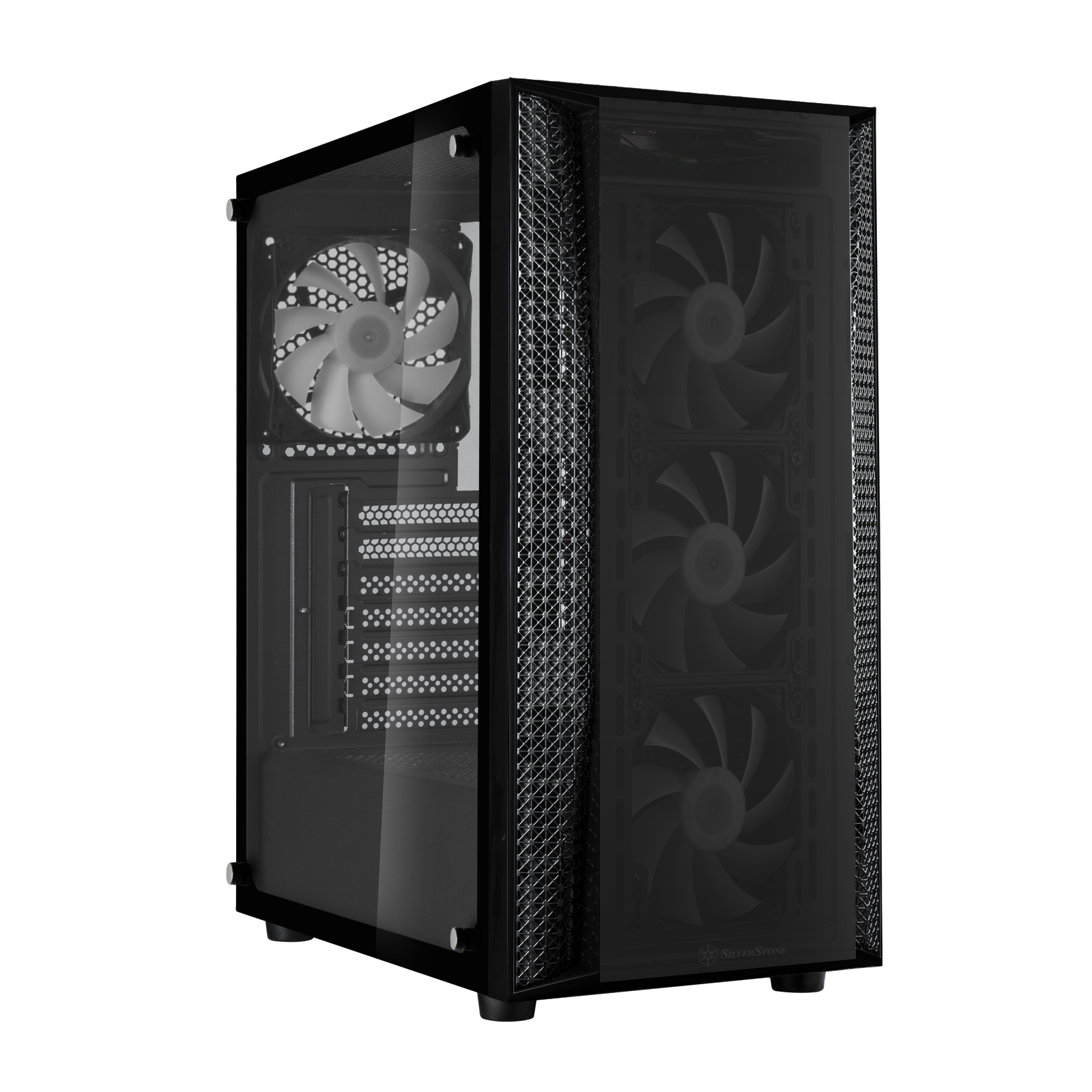Case per computer nero con tre ventole. Pannello laterale in vetro e pannello frontale a rete nero.