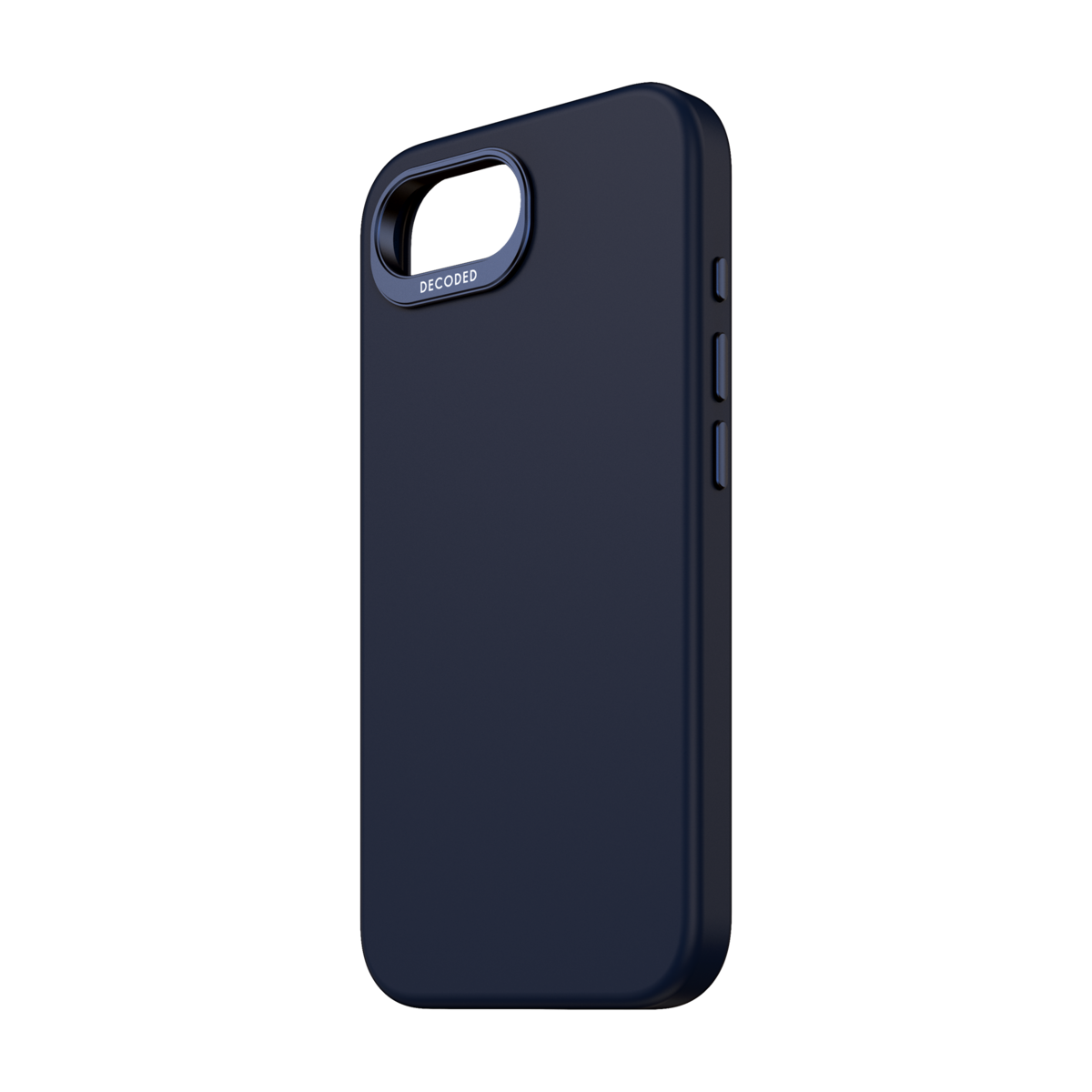 Dunkelblaue iPhone-Hülle mit Kameraausschnitt und Seitentasten, auf schwarzem Hintergrund.