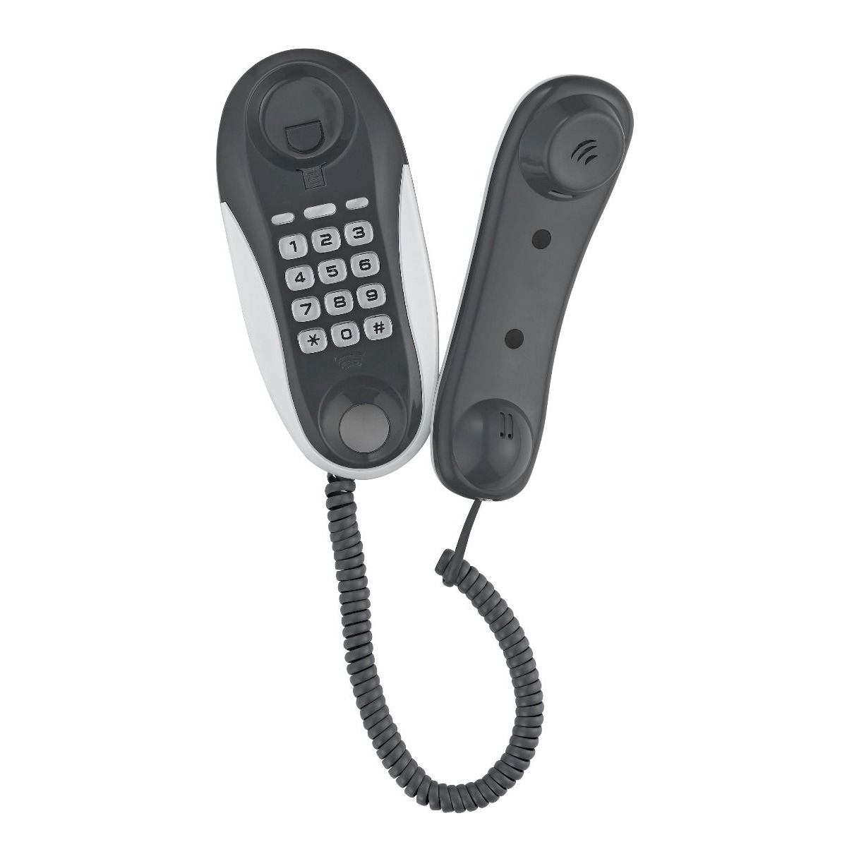 Telefono fisso grigio e bianco. Ha un tastierino numerico e un cavo a spirale.