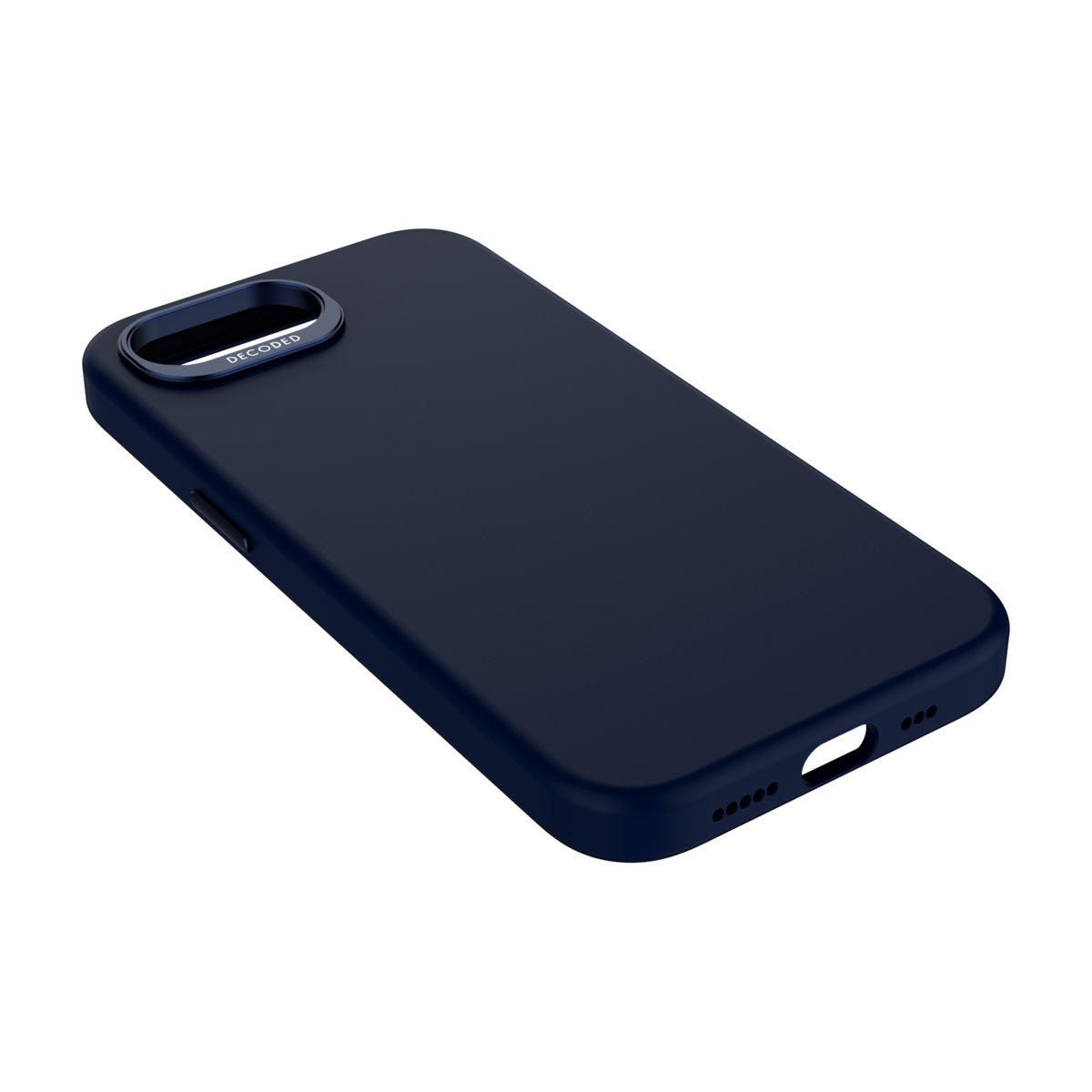 Een donkerblauwe telefoonhoes met een camera-uitsparing en het woord DECODED.