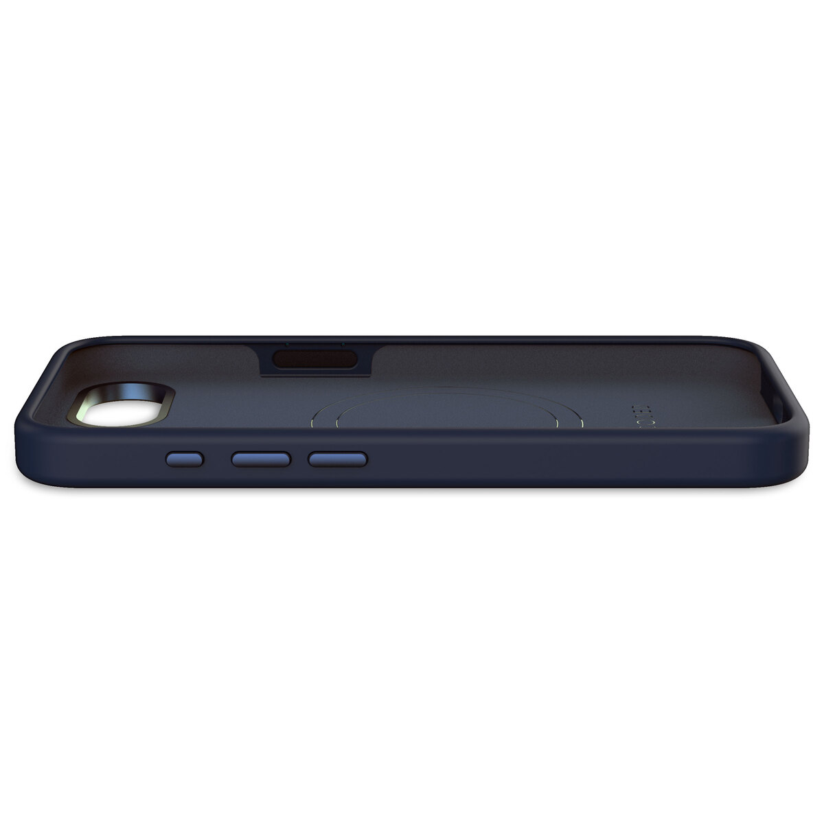 Donkerblauwe telefoonhoes, zijaanzicht, met knopdetails, zwart interieur.