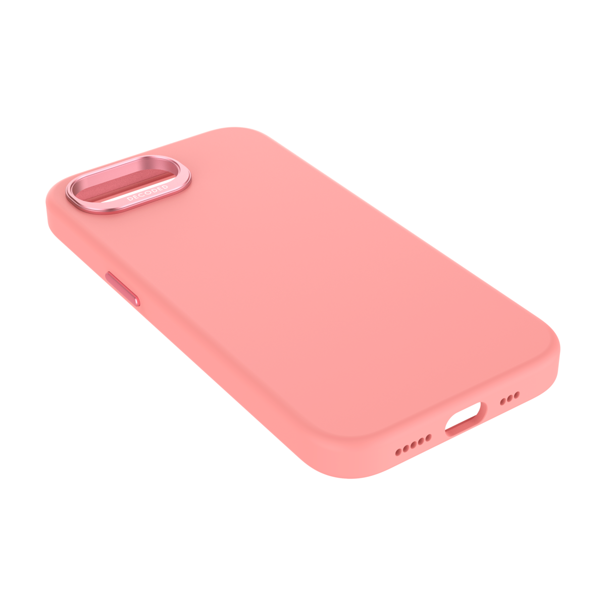 Roze telefoonhoesje met een roségouden camerarand, op een zwarte achtergrond.