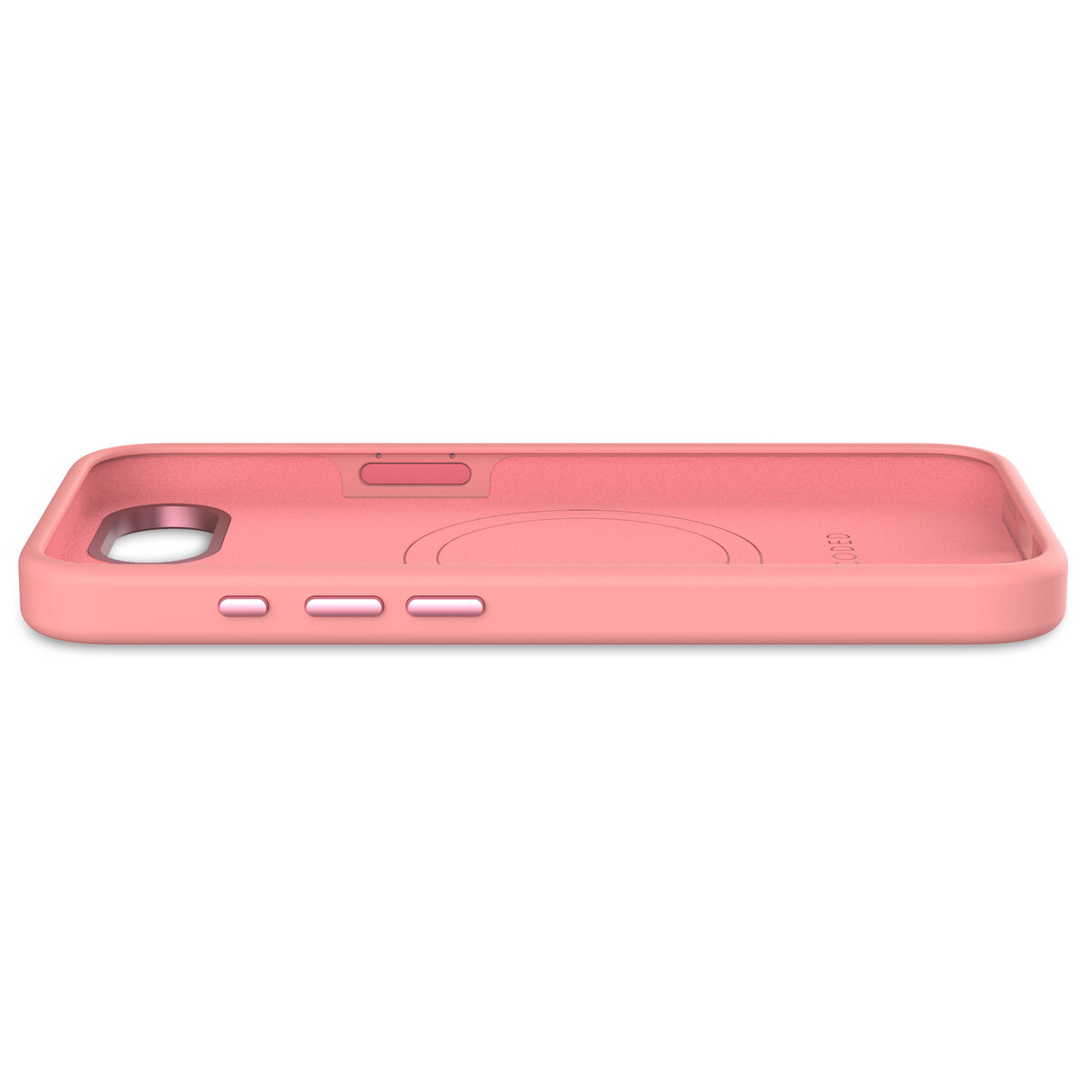 Een roze telefoonhoesje, zijaanzicht, met openingen voor knoppen en een oplaadpoort.