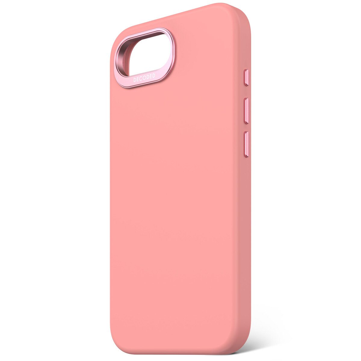 Roze telefoonhoesje met een goudkleurige ring rond de camera, op een witte achtergrond.