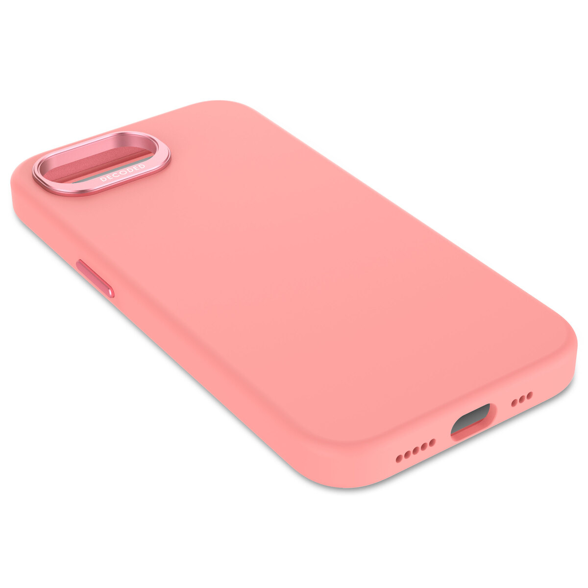 Roze telefoonhoesje met een metalen ring op een witte achtergrond.