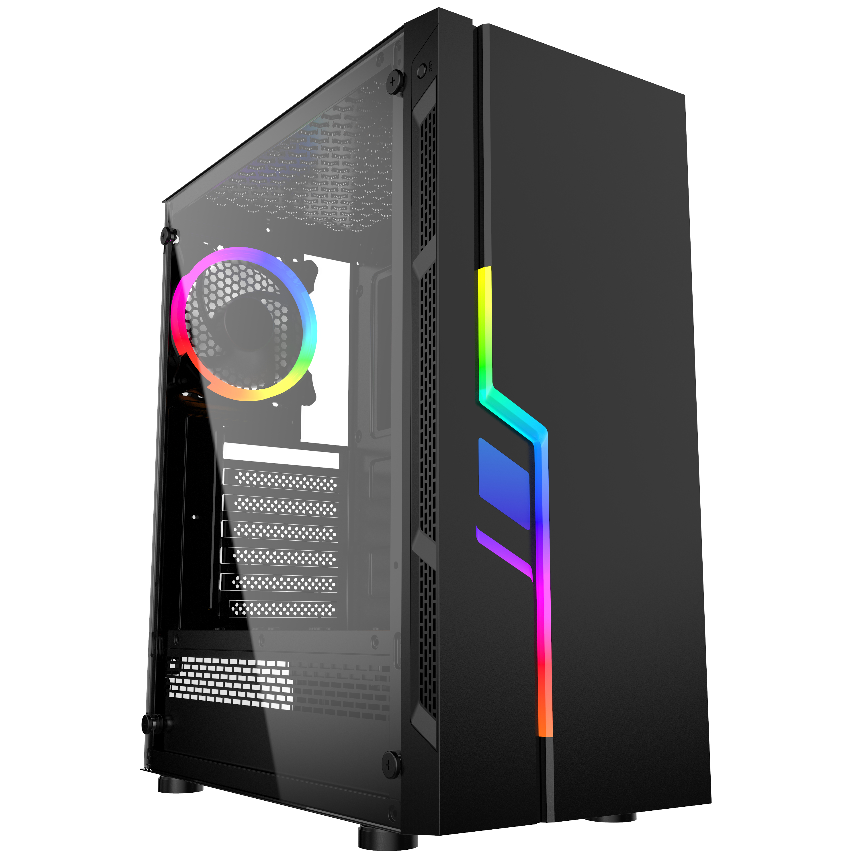 Case per computer nero con pannello laterale in vetro, ventola con luce RGB e strisce LED colorate.
