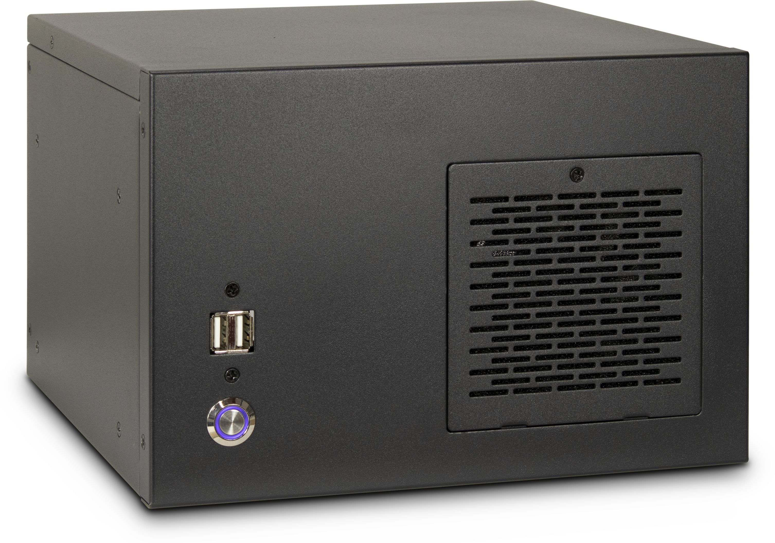 Case per computer nero con porte USB, pulsante di accensione e ventilazione, vista laterale.