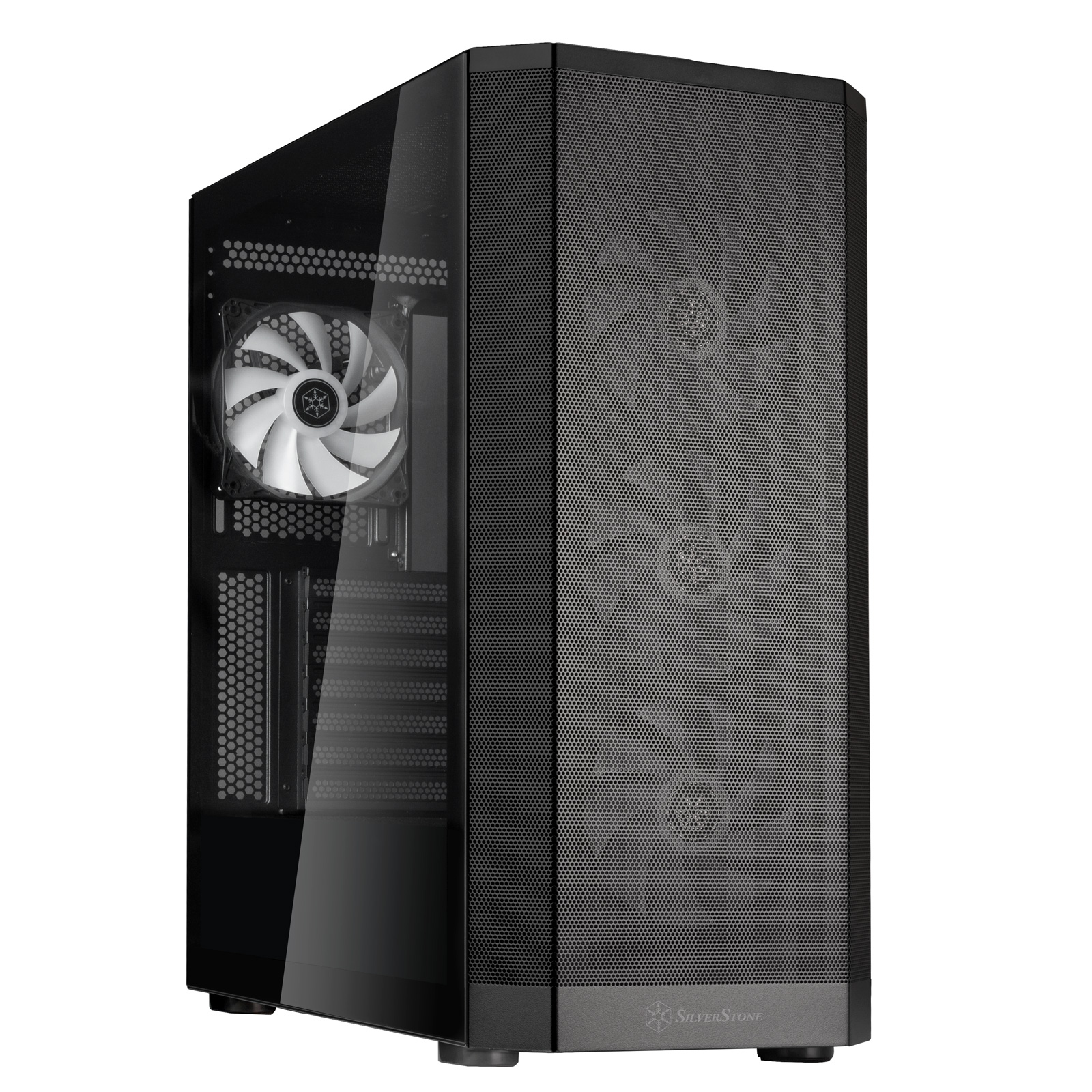 Case nero per computer con pannello laterale trasparente. Una ventola è visibile a sinistra.