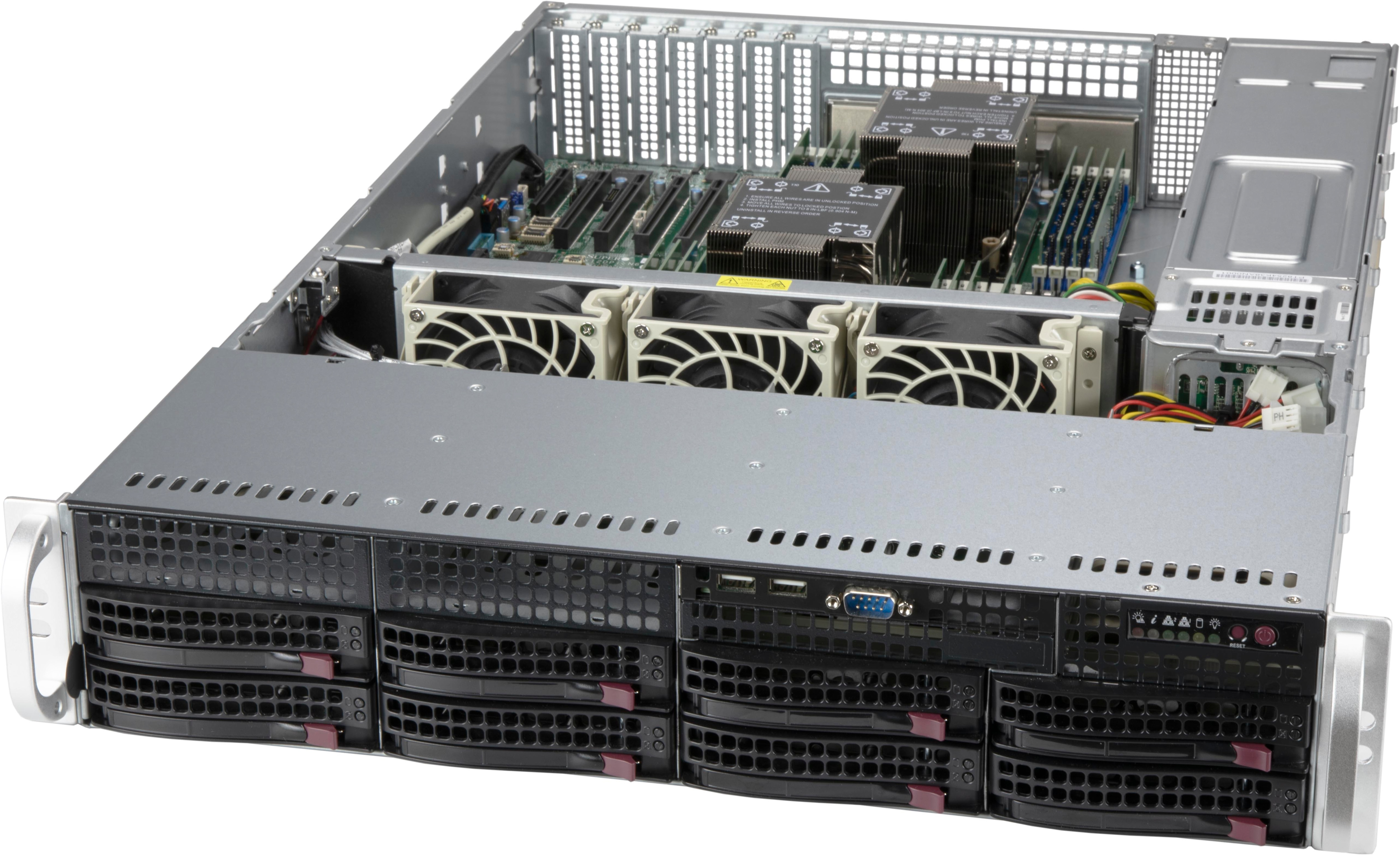 Server aperto con componenti interni, ventole e circuiti stampati.