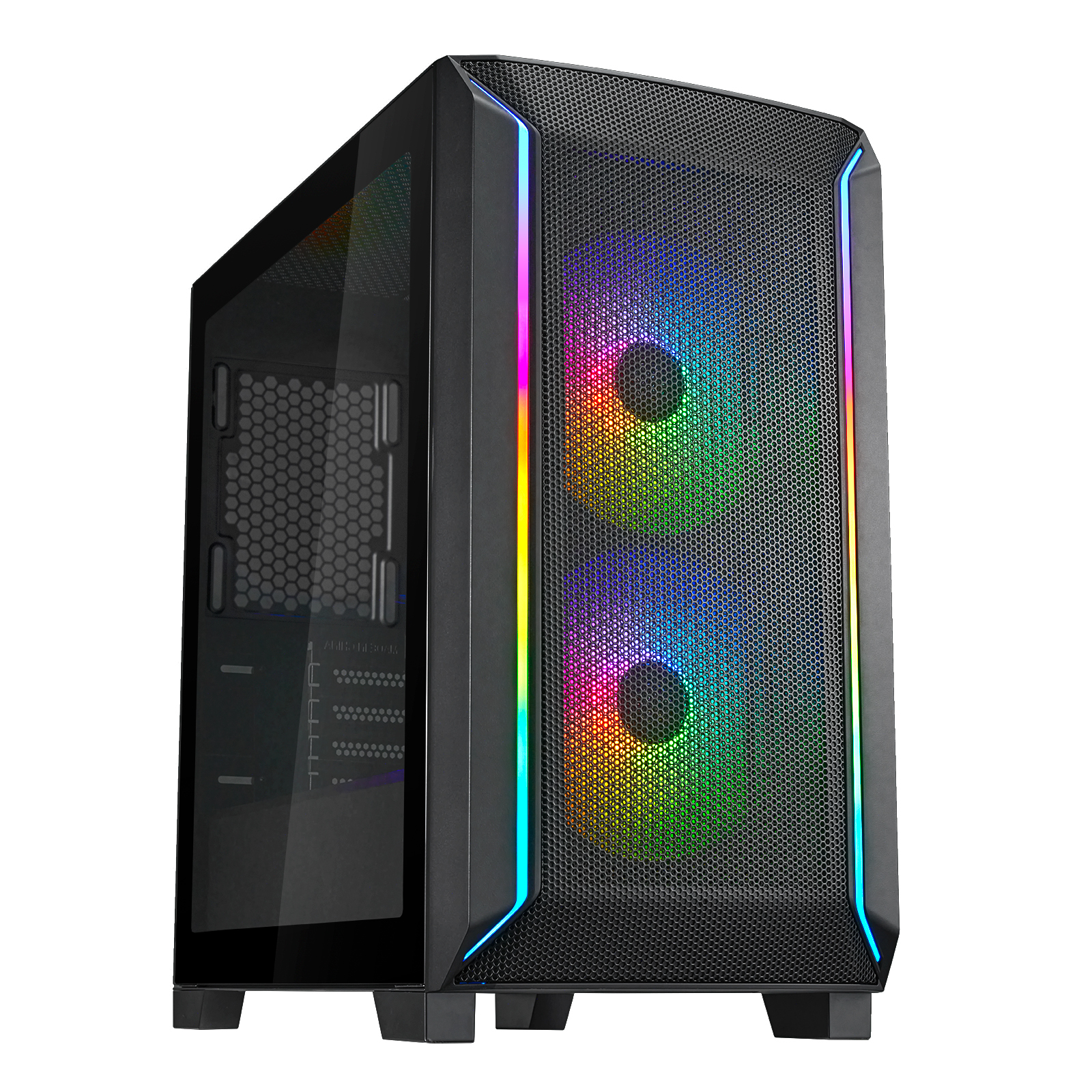 Case per computer nero con frontale a rete, due ventole RGB e strisce RGB sui lati, isolato.