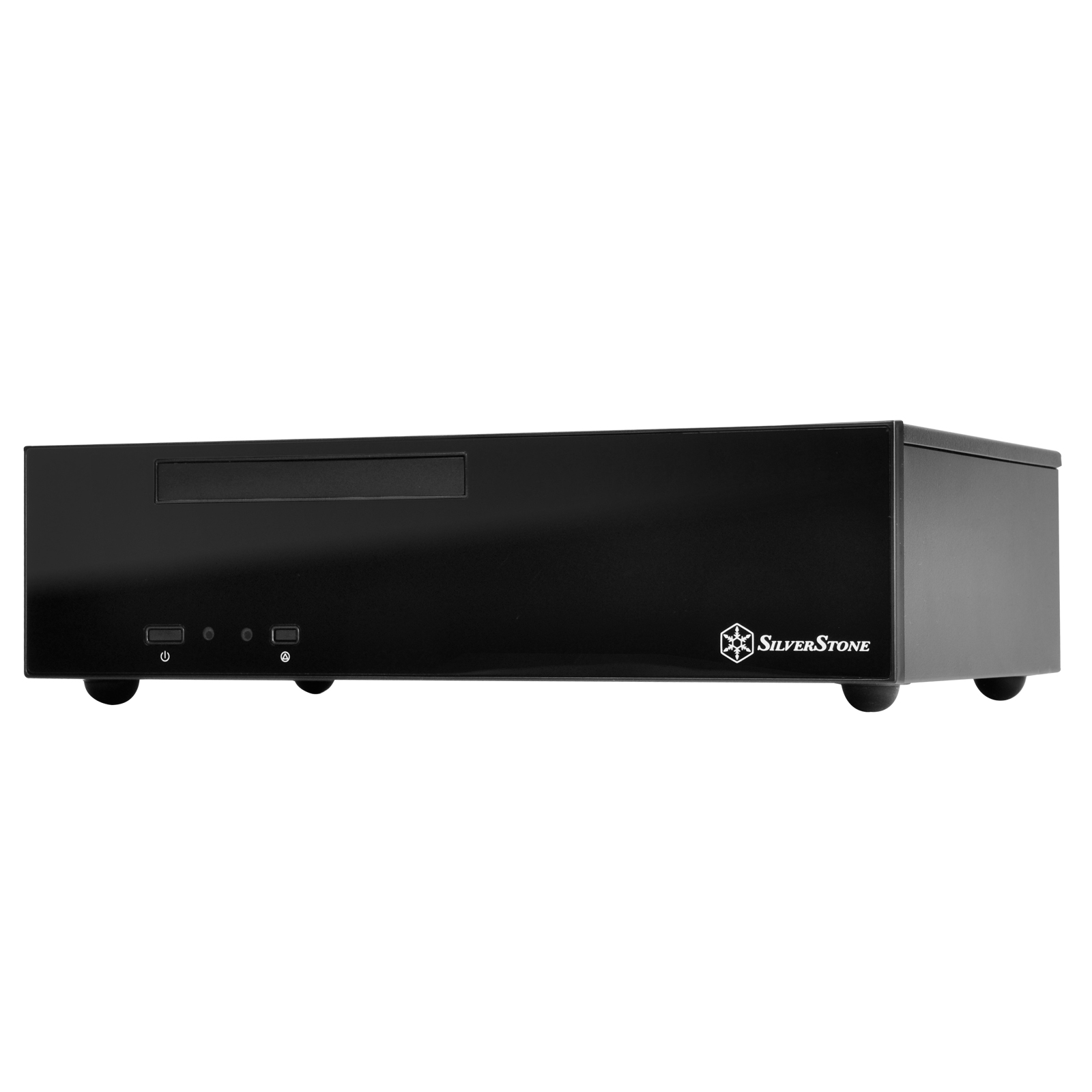 Case per computer SilverStone nero, pannello frontale con pulsanti di alimentazione e porte USB.