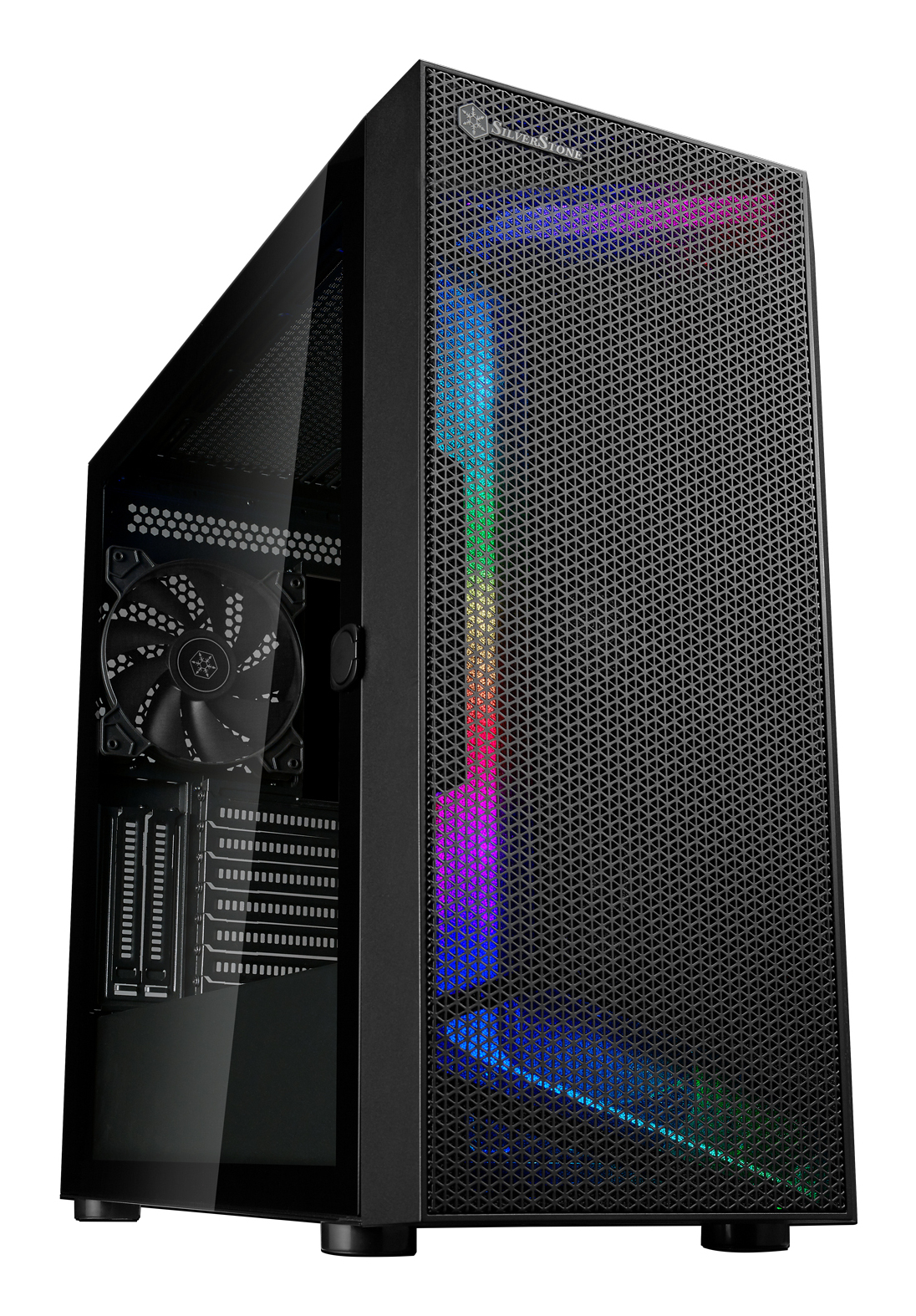 Case per computer nero con frontale a rete, pannello laterale in vetro e striscia luminosa RGB, su sfondo bianco.