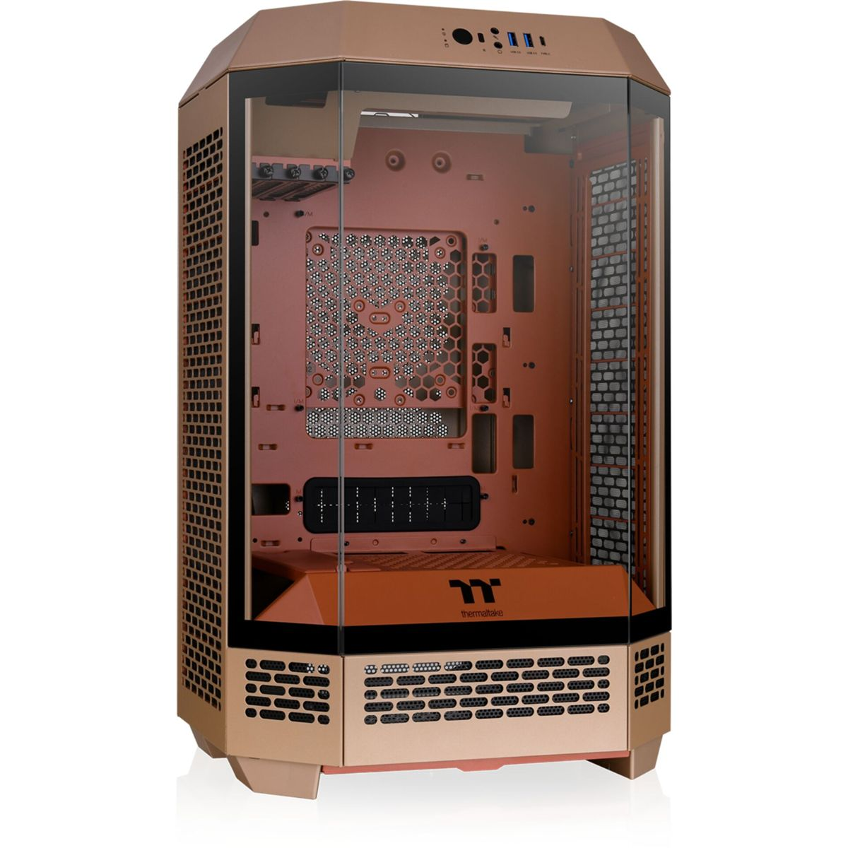 Boîtier PC couleur cuivre avec panneaux de verre. Design angulaire unique. Intérieur visible avec accents orange.