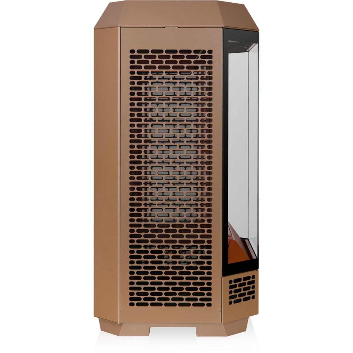 Boîtier d'ordinateur marron avec panneau latéral en verre, montrant les composants internes, sur fond blanc.