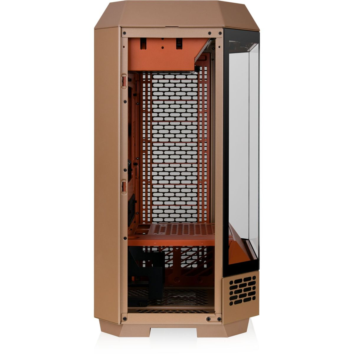 Boîtier PC bronze, côté ouvert. Intérieur orange, maillage noir. Panneau latéral en verre.