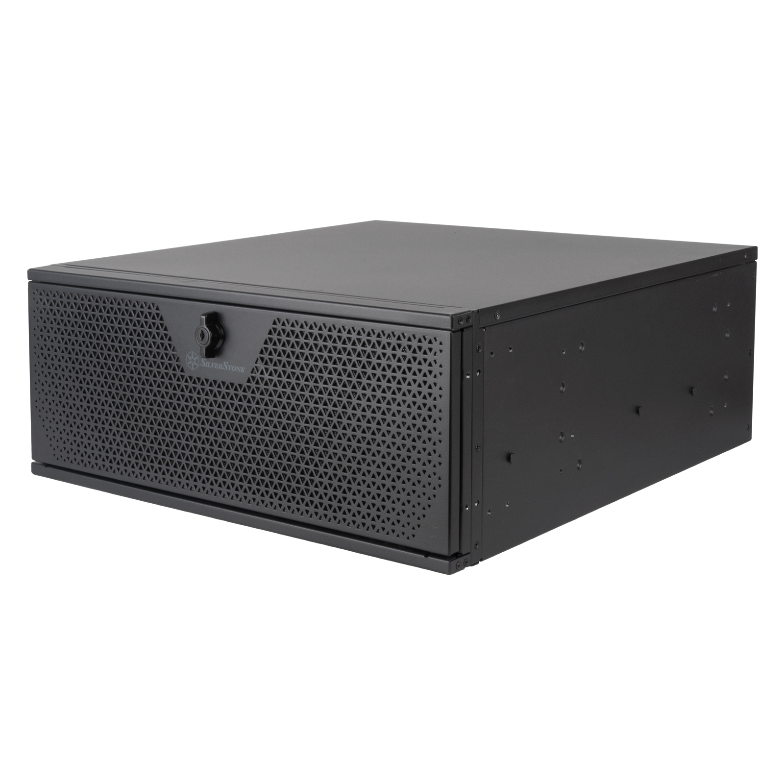 Czarna obudowa PC, widok z przodu. Perforowany panel przedni, logo SilverStone, prosty design.
