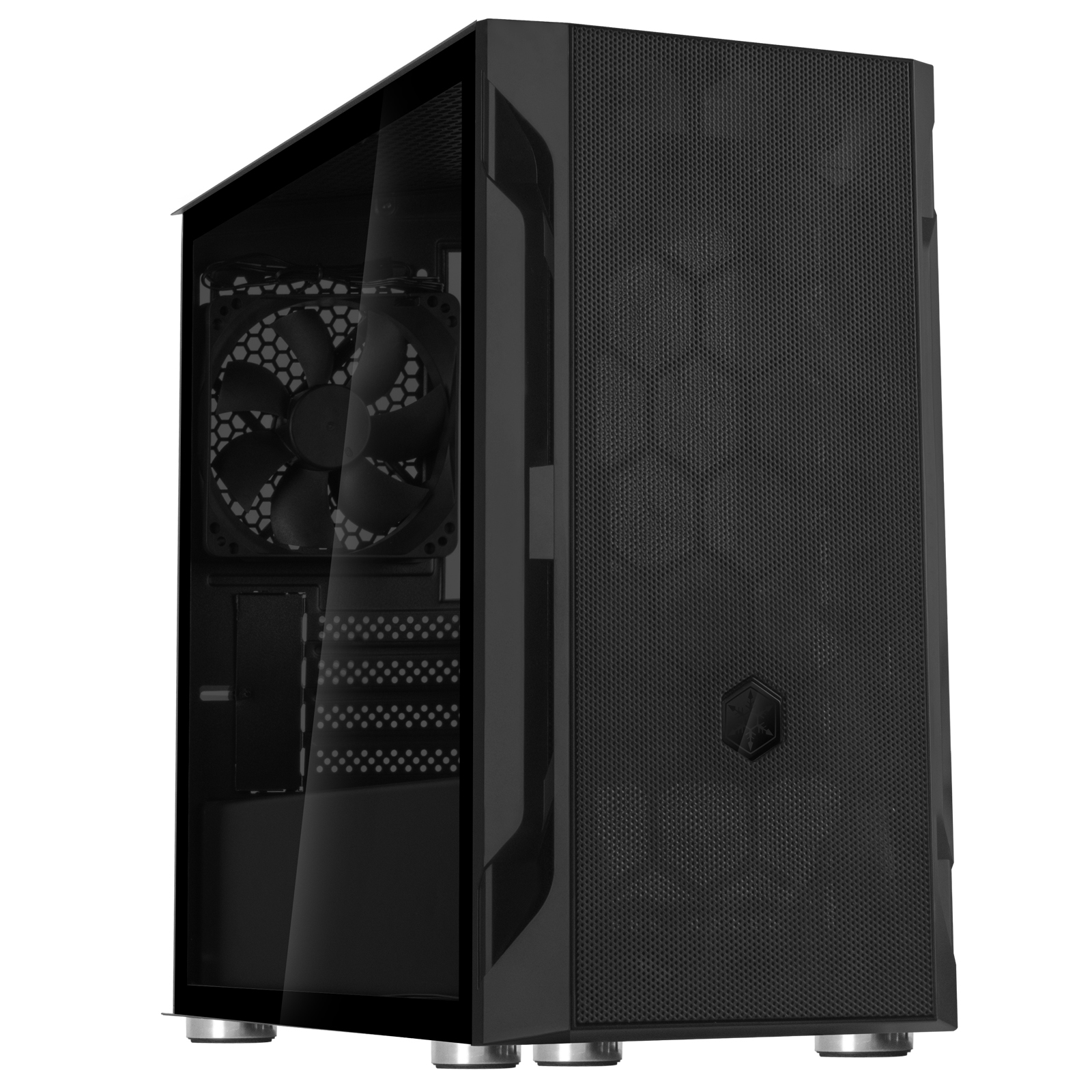 Case PC nero con pannello laterale in vetro. Ventola nera visibile. Pannello frontale nero solido.