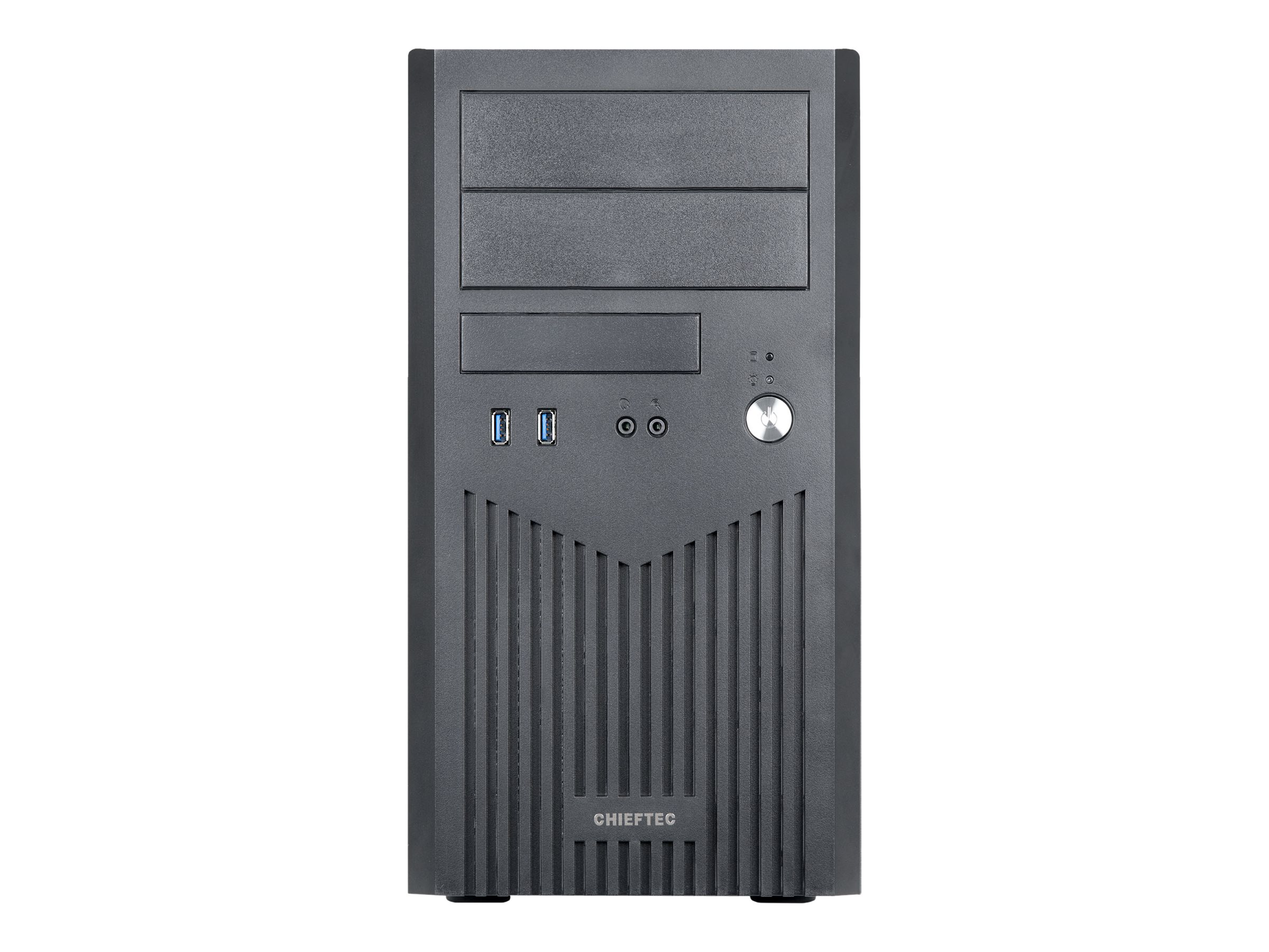 Un case per computer nero con un logo Chieftec sul davanti.