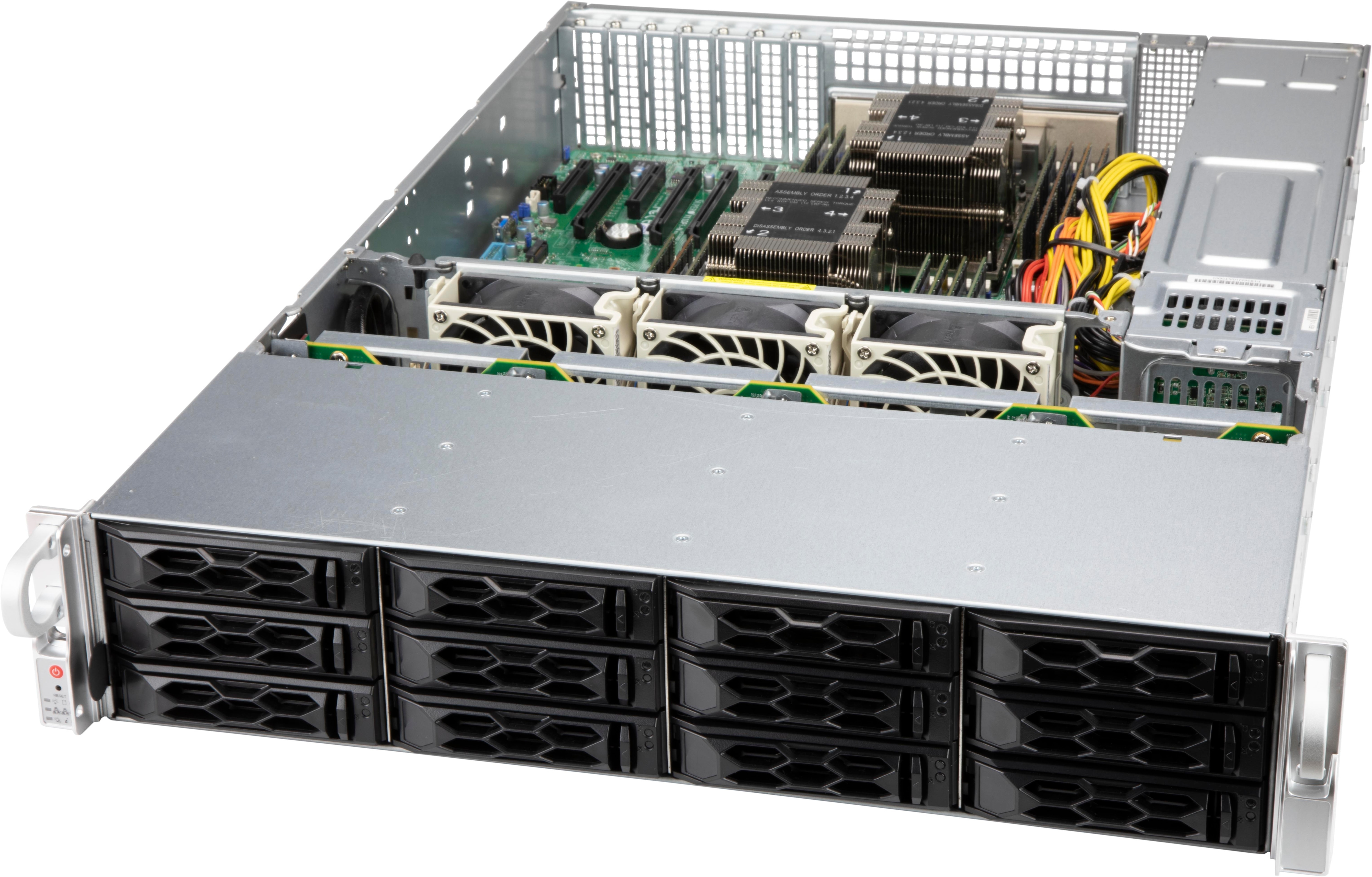 Case server con parte superiore aperta. Componenti interni visibili. Schema colori argento e nero.
