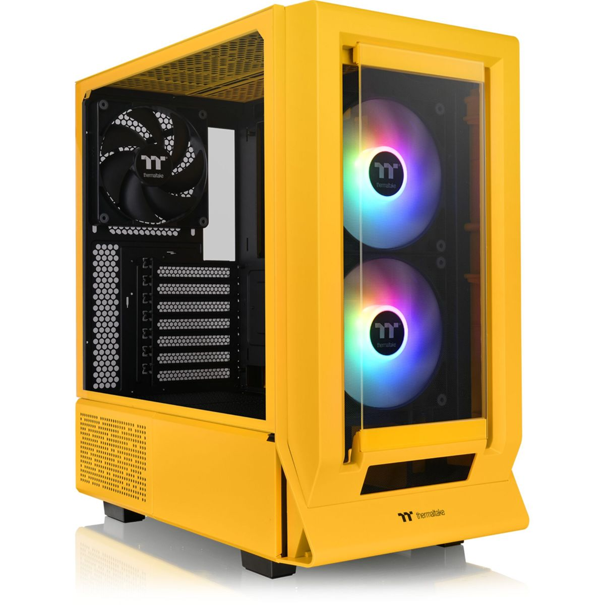 Case per computer giallo con pannello laterale in vetro. Una ventola è visibile.