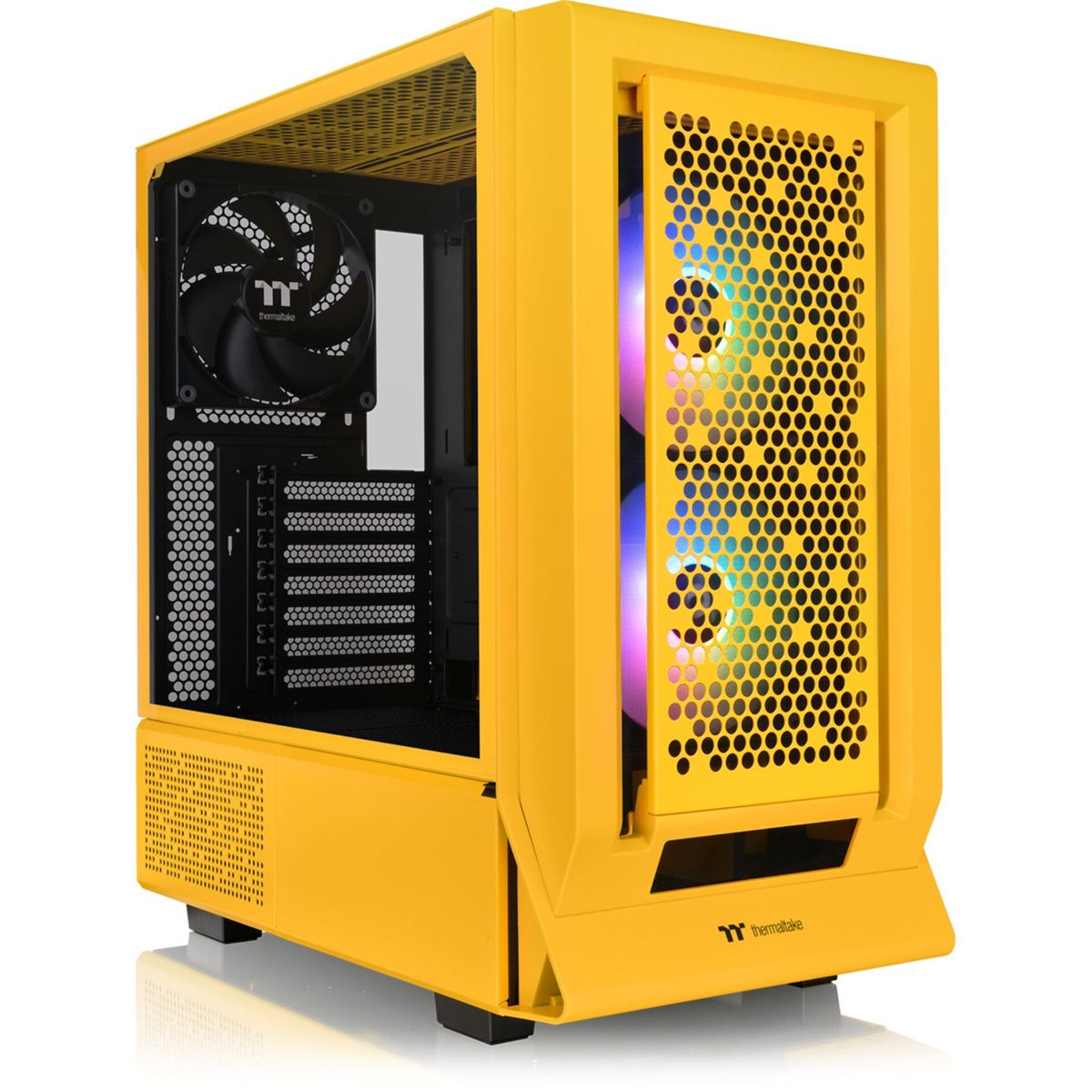 Case per computer giallo. Una ventola è visibile e il pannello laterale è a rete.