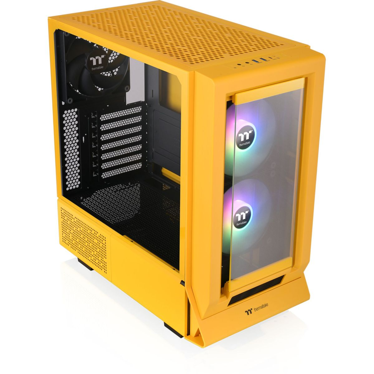 Case per computer giallo con un lato in vetro. Ventole e componenti visibili.