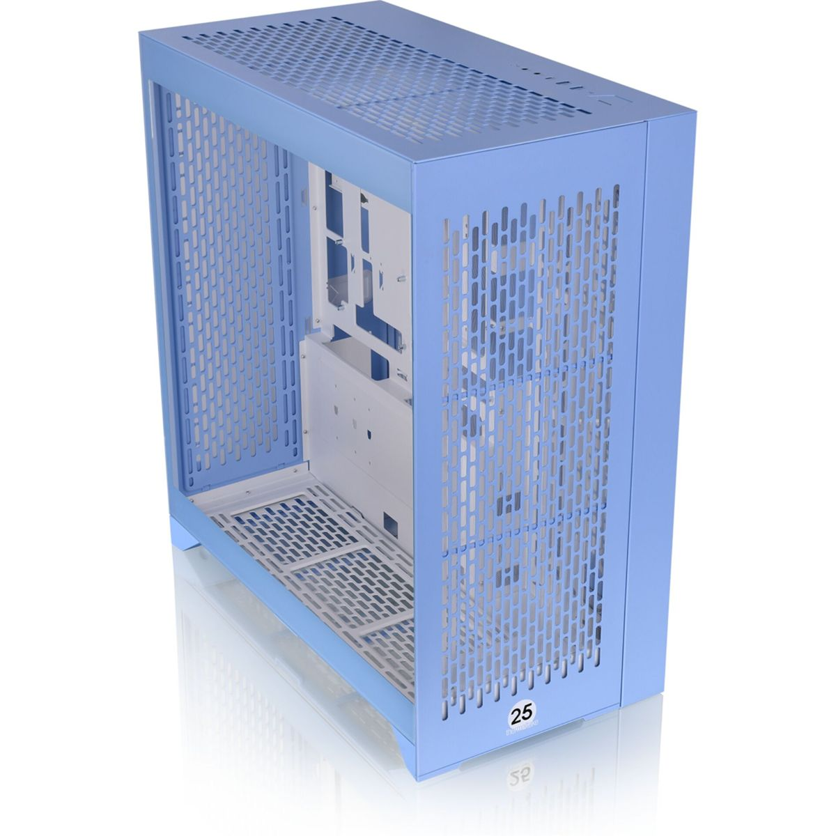 Case per computer azzurro con pannelli laterali perforati. Interno bianco. Vista angolata.